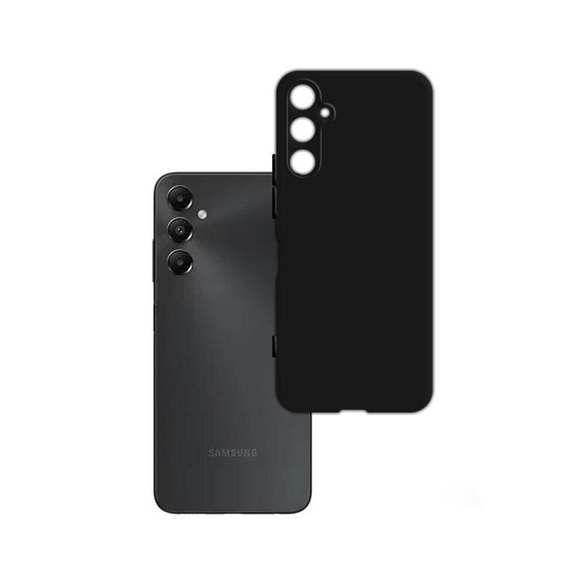 Smartphone e custodia neri. Il telefono è grigio, con tre lenti. La custodia è a destra. Sfondo bianco.