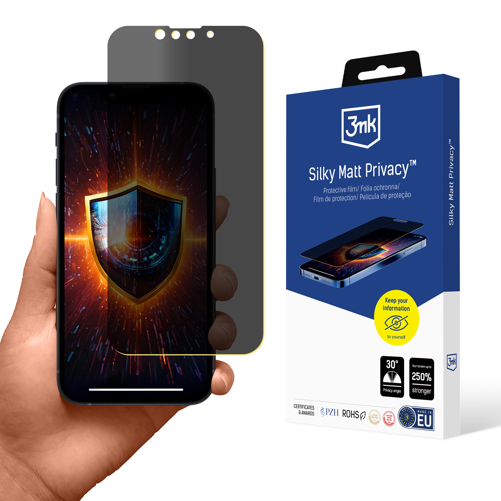 Dłoń trzyma telefon z ochroną prywatności. Pudełko pokazuje produkt i funkcje, w tym kąt prywatności i wytrzymałość ekranu.
