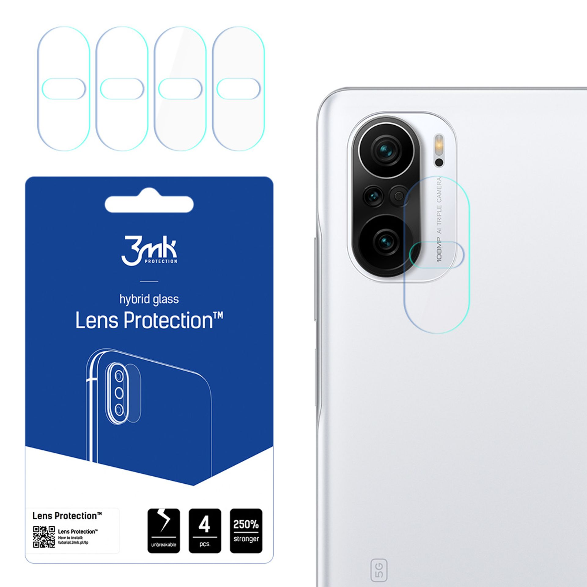 Un telefono e protezioni per lenti sono mostrati. Le protezioni sono sopra un pacchetto blu che dice Protezione Lenti.