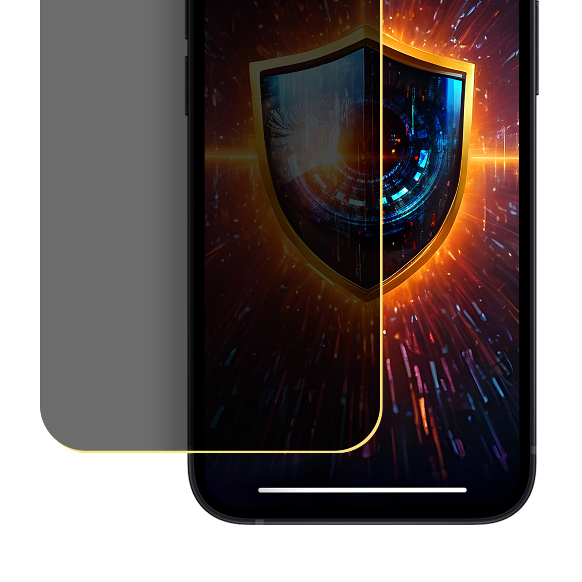 Ekran telefonu z grafiką tarczy. Zastosowano osłonę ekranu. Tło ma cyfrowy, ognisty design.