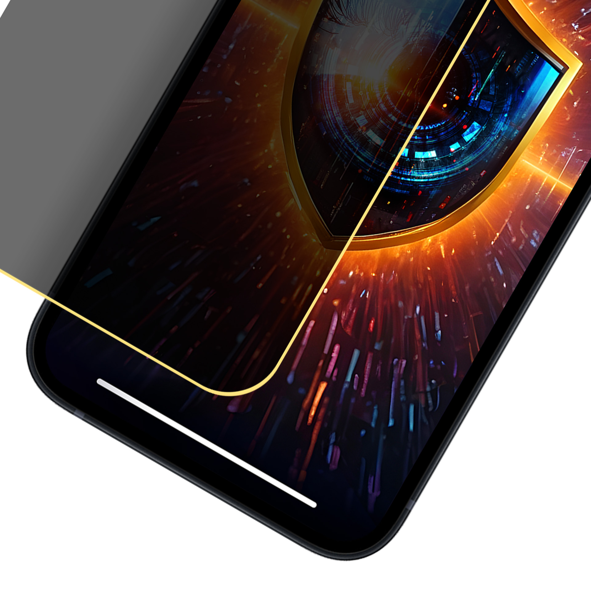 Smartfon z ochraniaczem ekranu. Ekran pokazuje cyfrowe oko w kształcie tarczy.