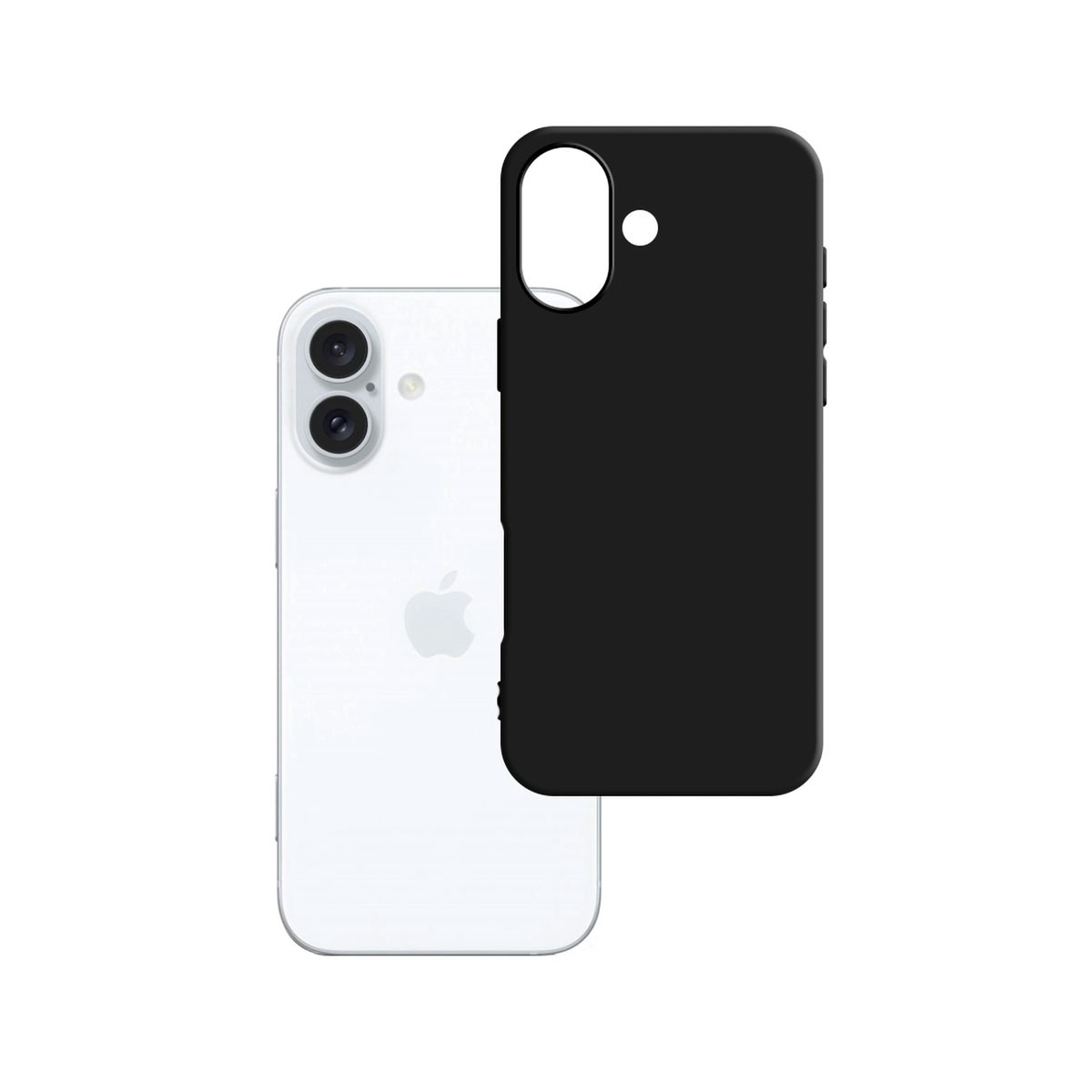 Un iPhone bianco con una custodia nera. Il telefono ha due fotocamere. La custodia ha un foro per la fotocamera e un punto bianco.