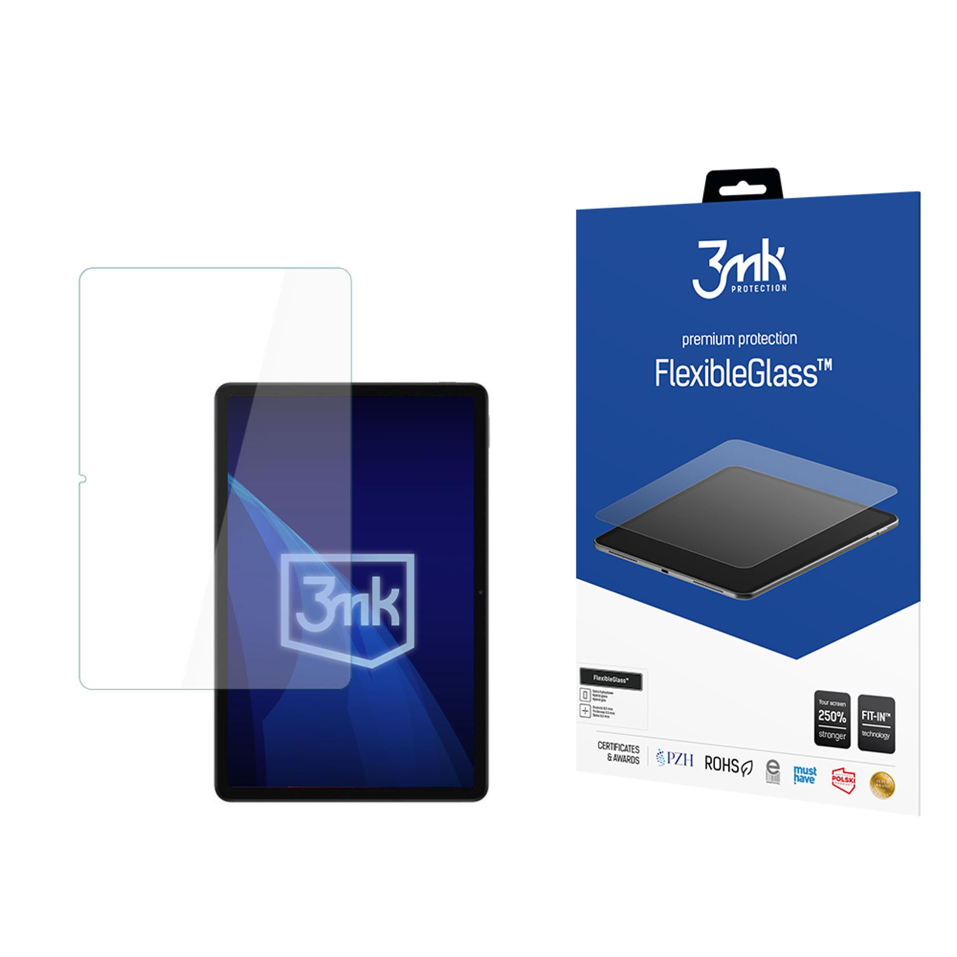 Un tablet con protezione schermo e confezione. La confezione è blu e bianca con il logo del marchio e il nome del prodotto.