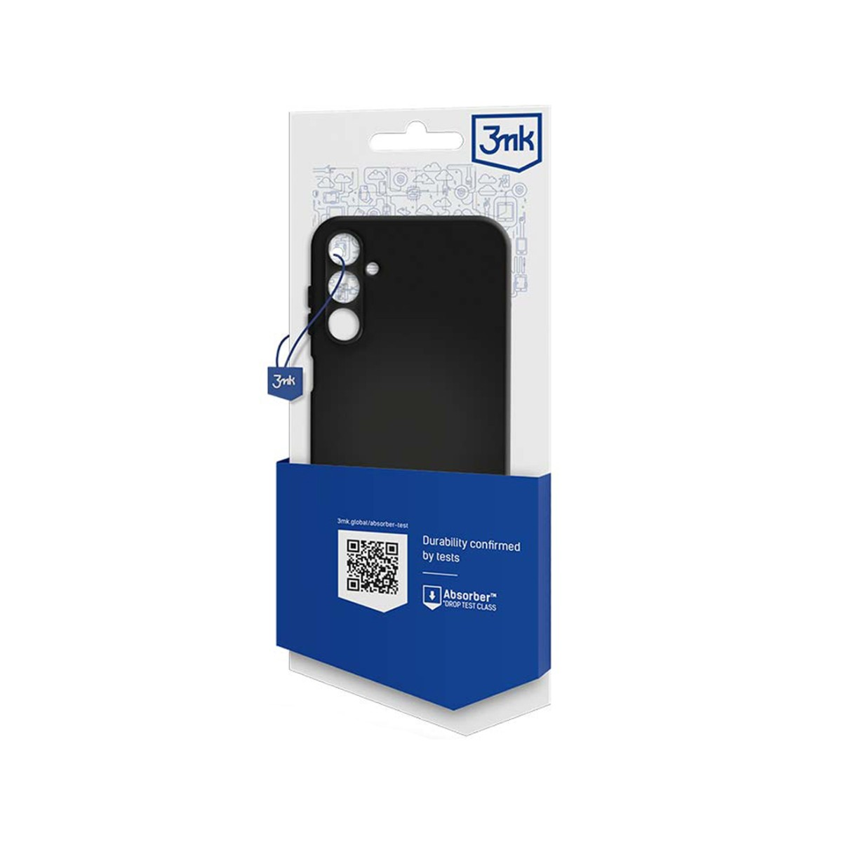 Una custodia nera per telefono in una confezione bianca e blu. La confezione presenta il logo 3mk e il testo sulla durata.