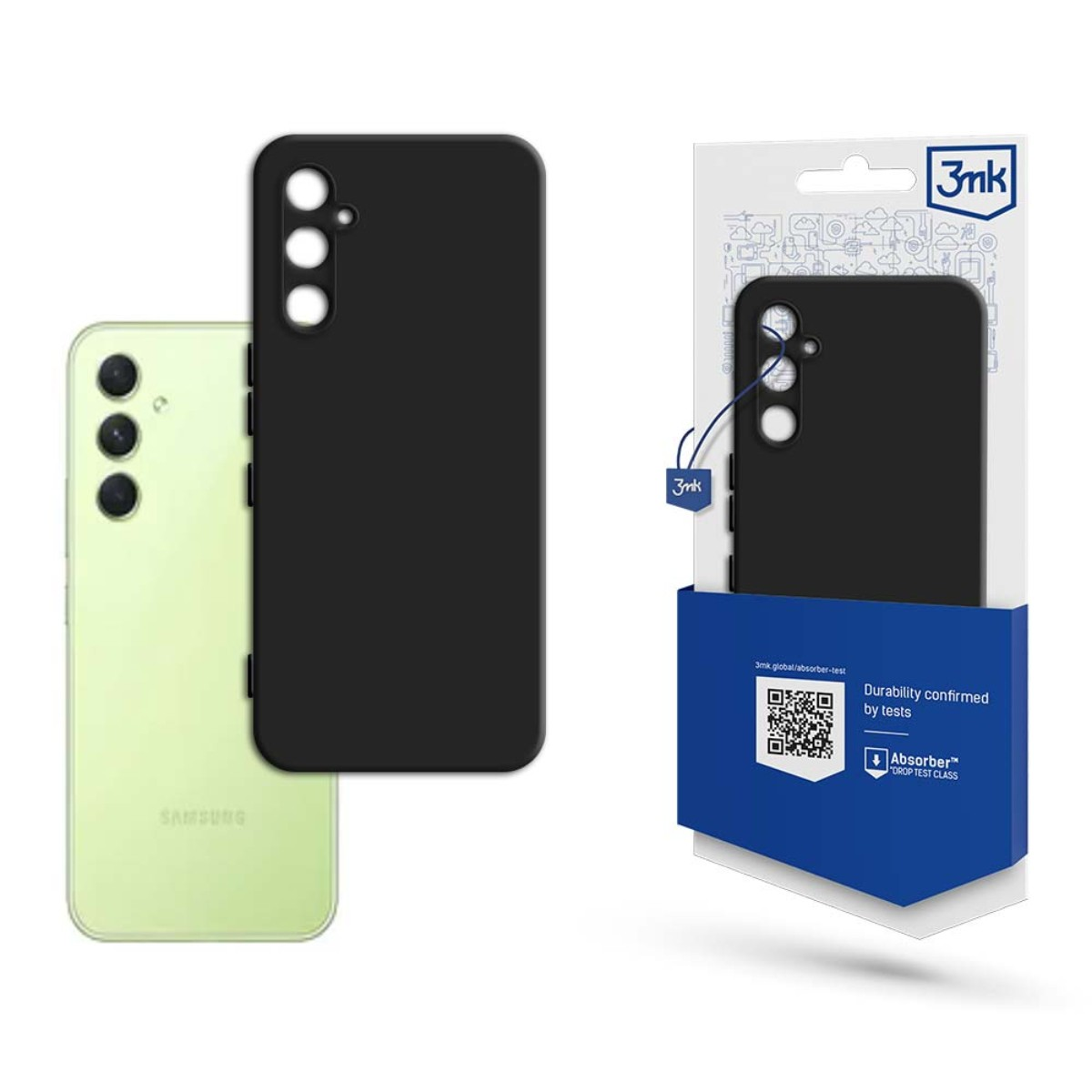 Una custodia nera e un telefono verde sono accanto a una custodia in una confezione. La confezione presenta testo e un codice QR.