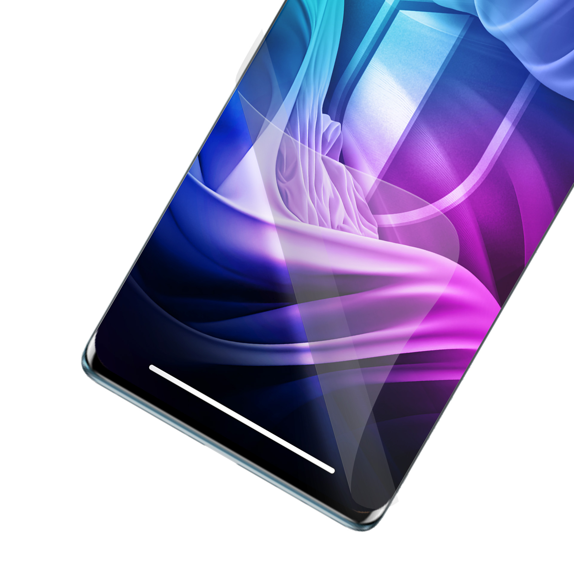 Smartfon wyświetla kolorowy, abstrakcyjny wzór z niebieskimi, fioletowymi i białymi tonami. Tło jest białe.