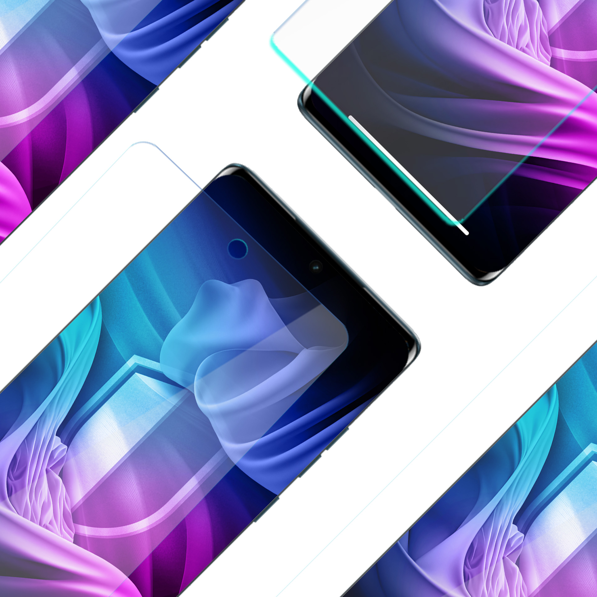 Cztery smartfony z osłonami ekranu. Ekrany wyświetlają niebiesko-fioletowy gradient. Białe tło. Telefony pod różnymi kątami.