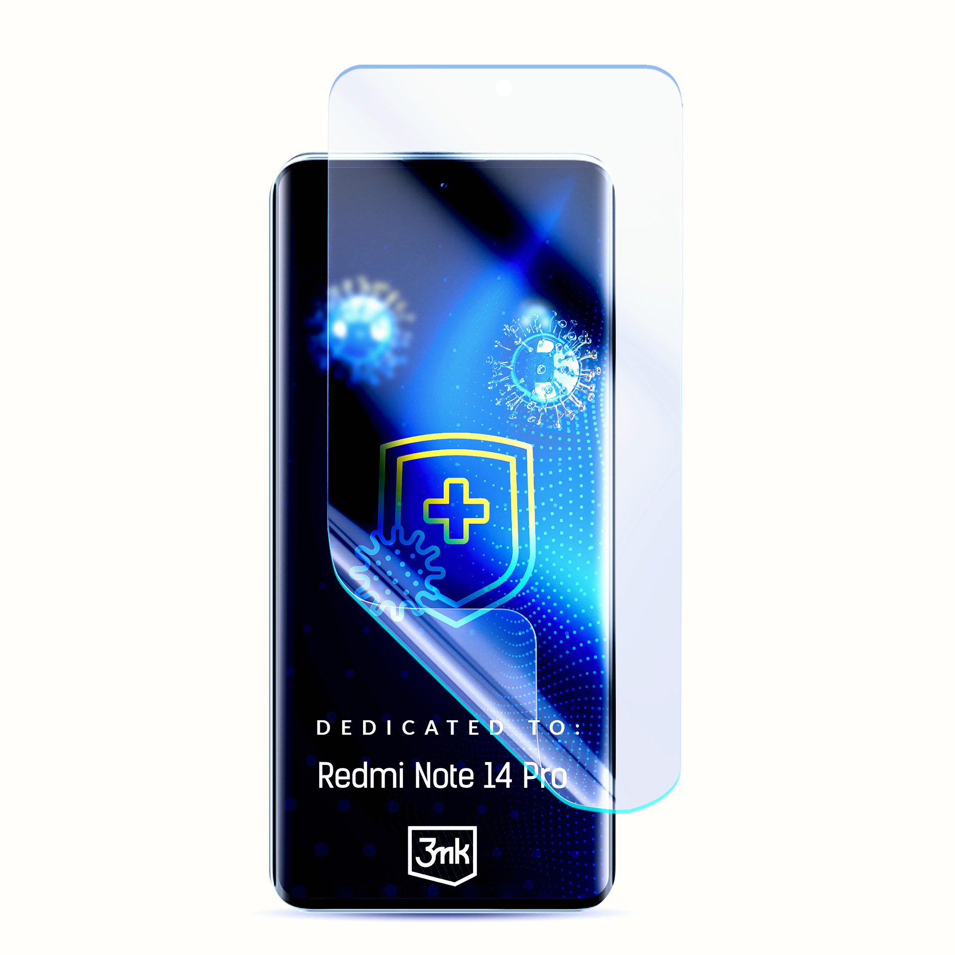 Uno smartphone con protezione schermo, con un'icona a scudo e la scritta 'Redmi Note 14 Pro'.