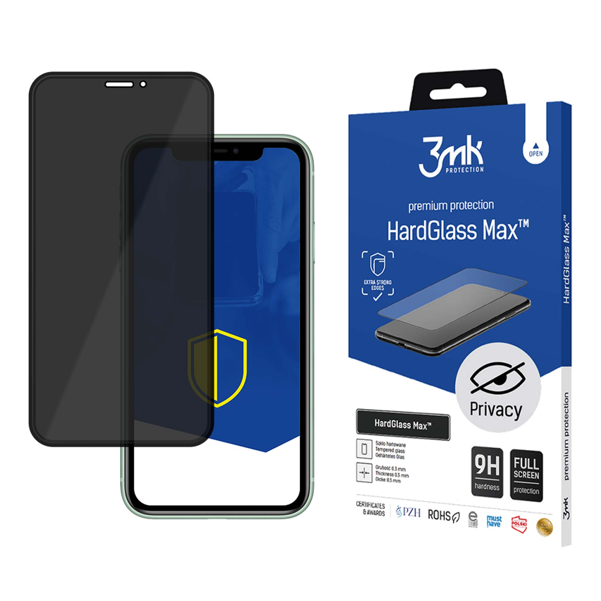 Un telefono con protezione schermo. Una scatola con 'HardGlass Max' a destra. La protezione è nera e il telefono verde.