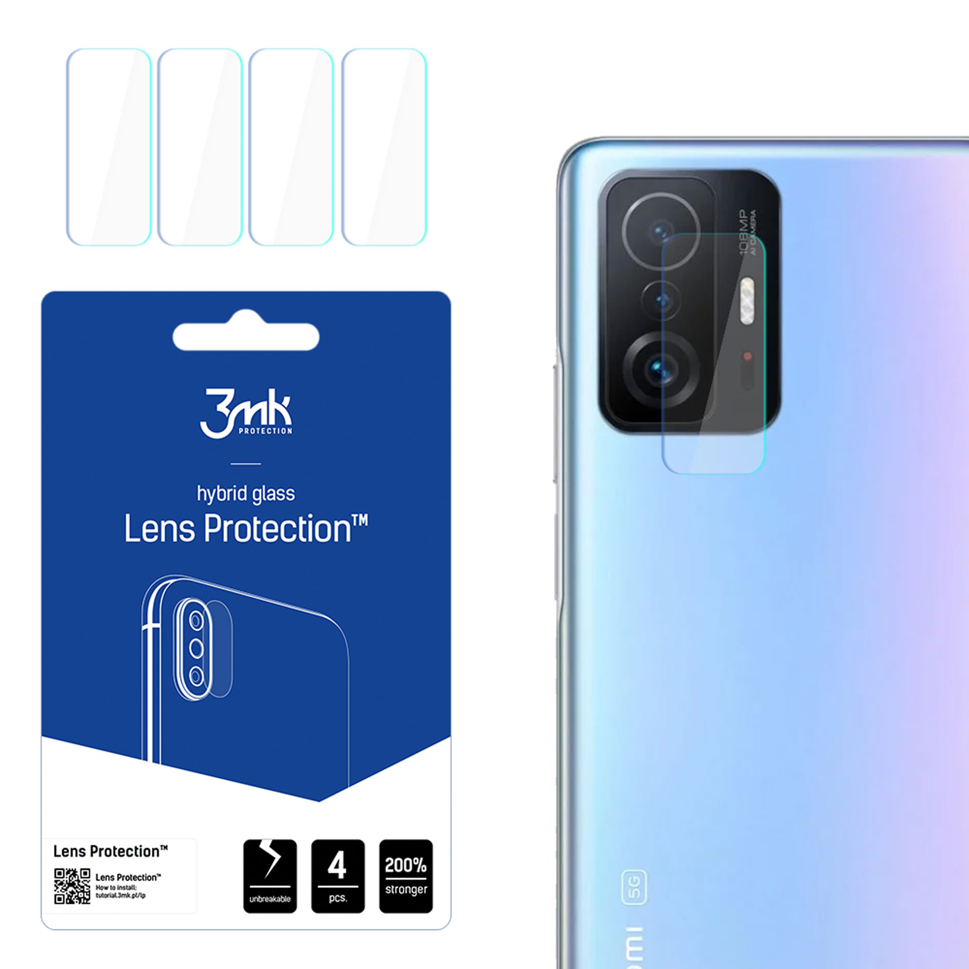 Un telefono con protezioni per lenti, un pacchetto blu con testo e un telefono con lenti della fotocamera.