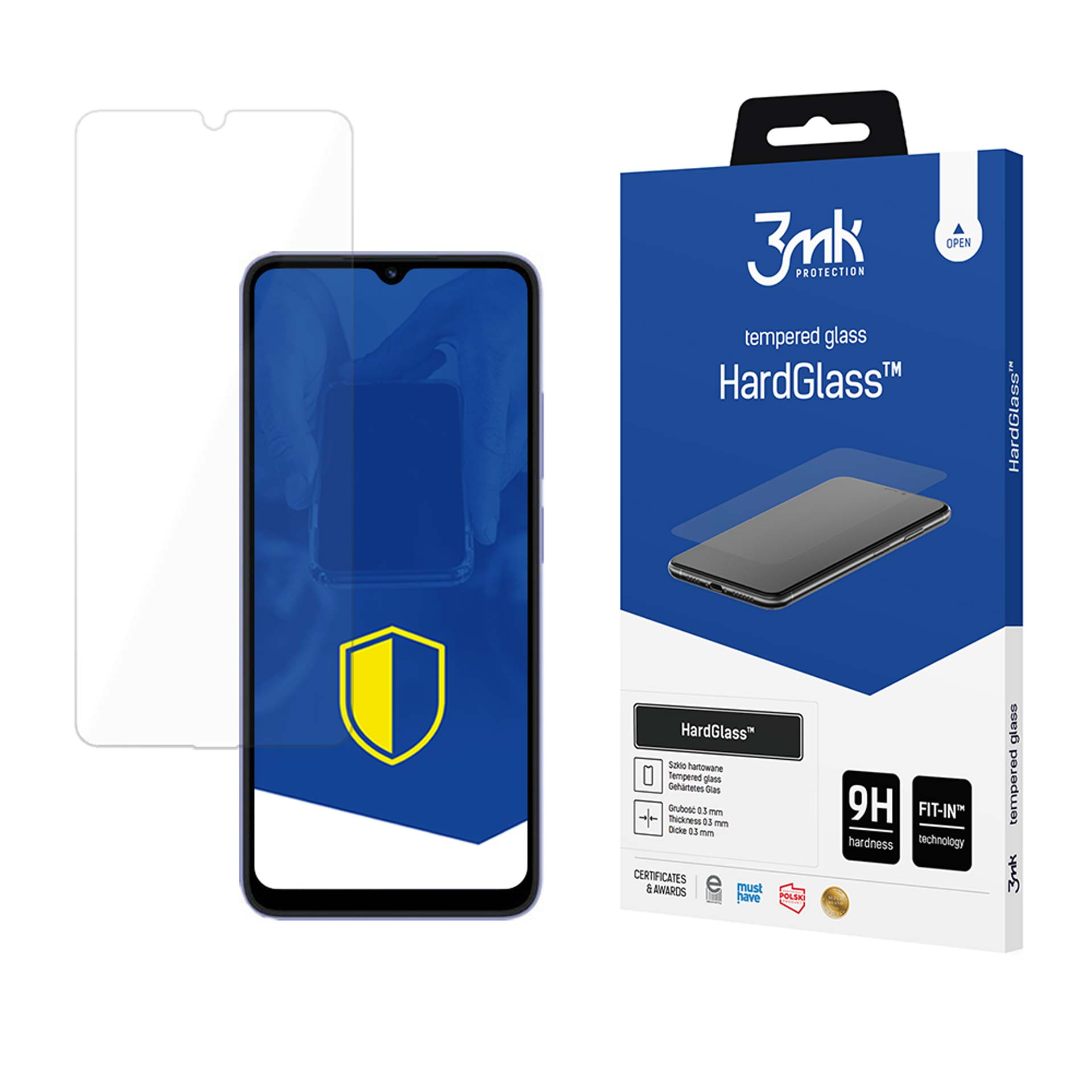 Obraz przedstawia osłonę ekranu, telefon i pudełko produktu. Pudełko jest niebiesko-białe, a osłona jest przezroczysta.