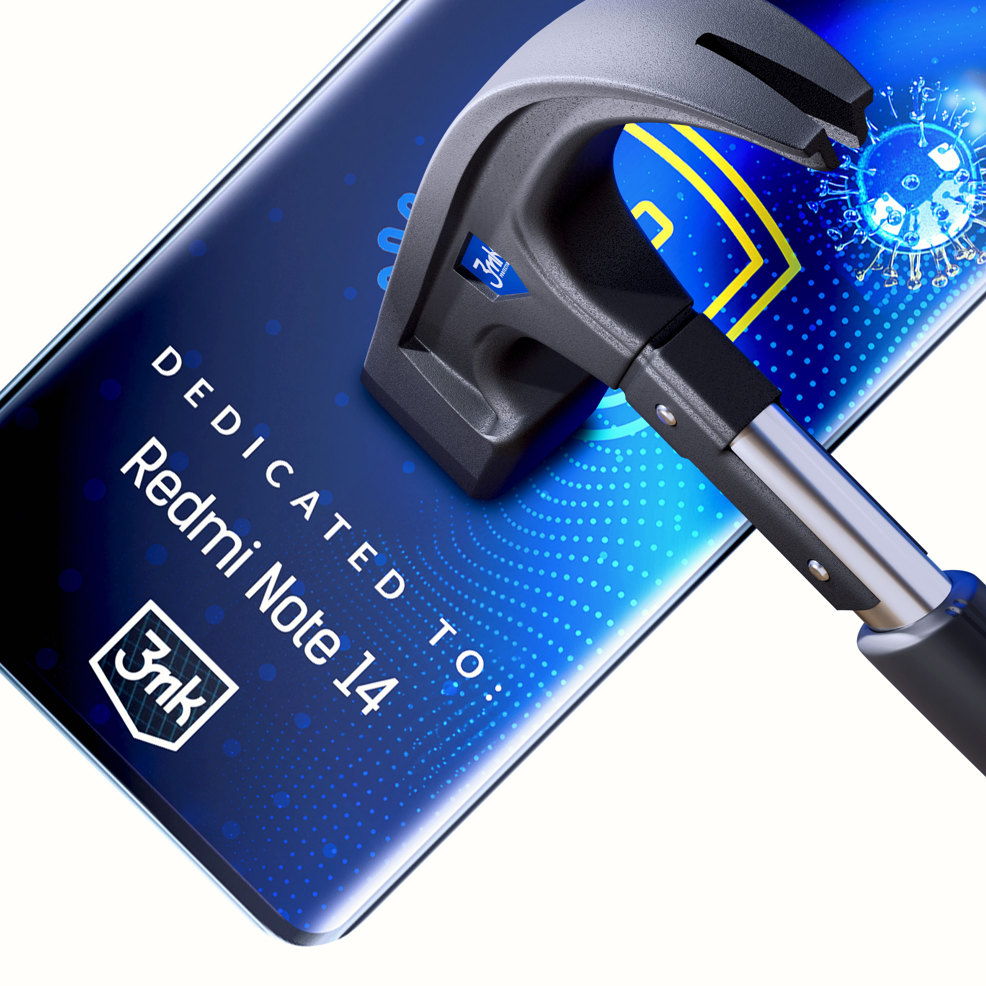 Młotek kruszy ekran telefonu. Telefon mówi 'Dedykowane dla Redmi Note 14'. Ekran jest niebieski z obrazem wirusa.