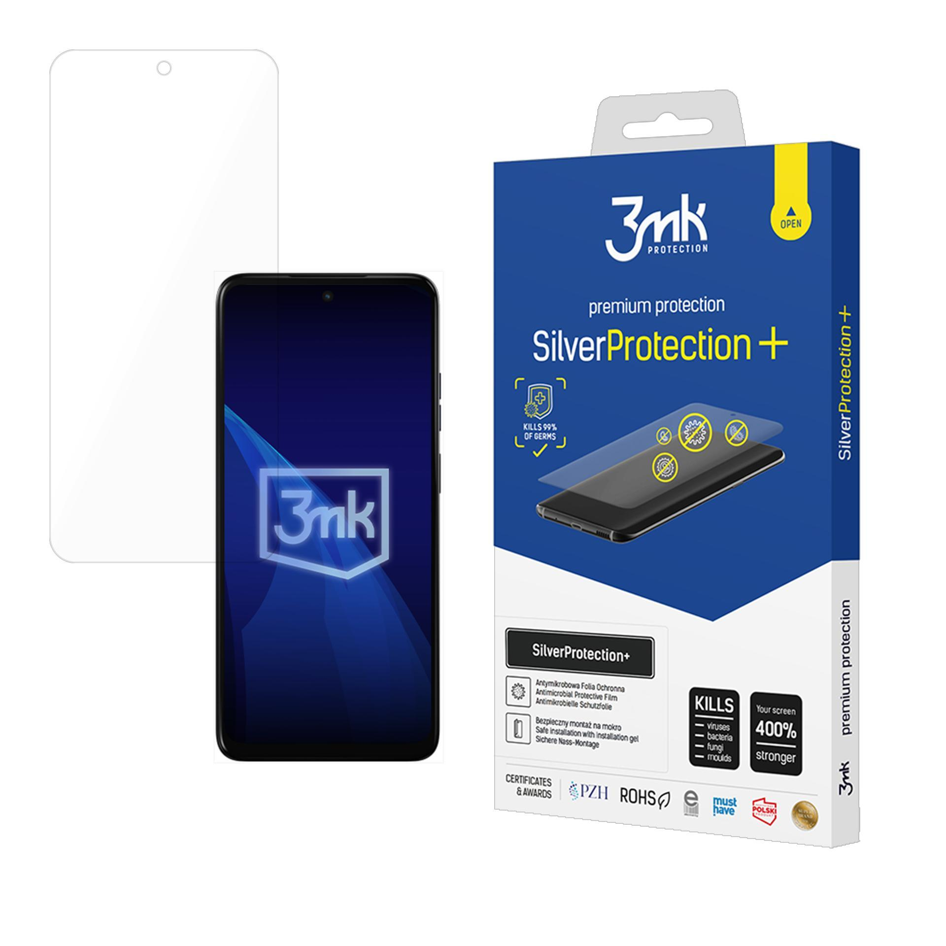 Wyświetlacz ochronny do telefonu i pudełko na telefon. Pudełko podkreśla Silver Protection+ i 3mk Protection.