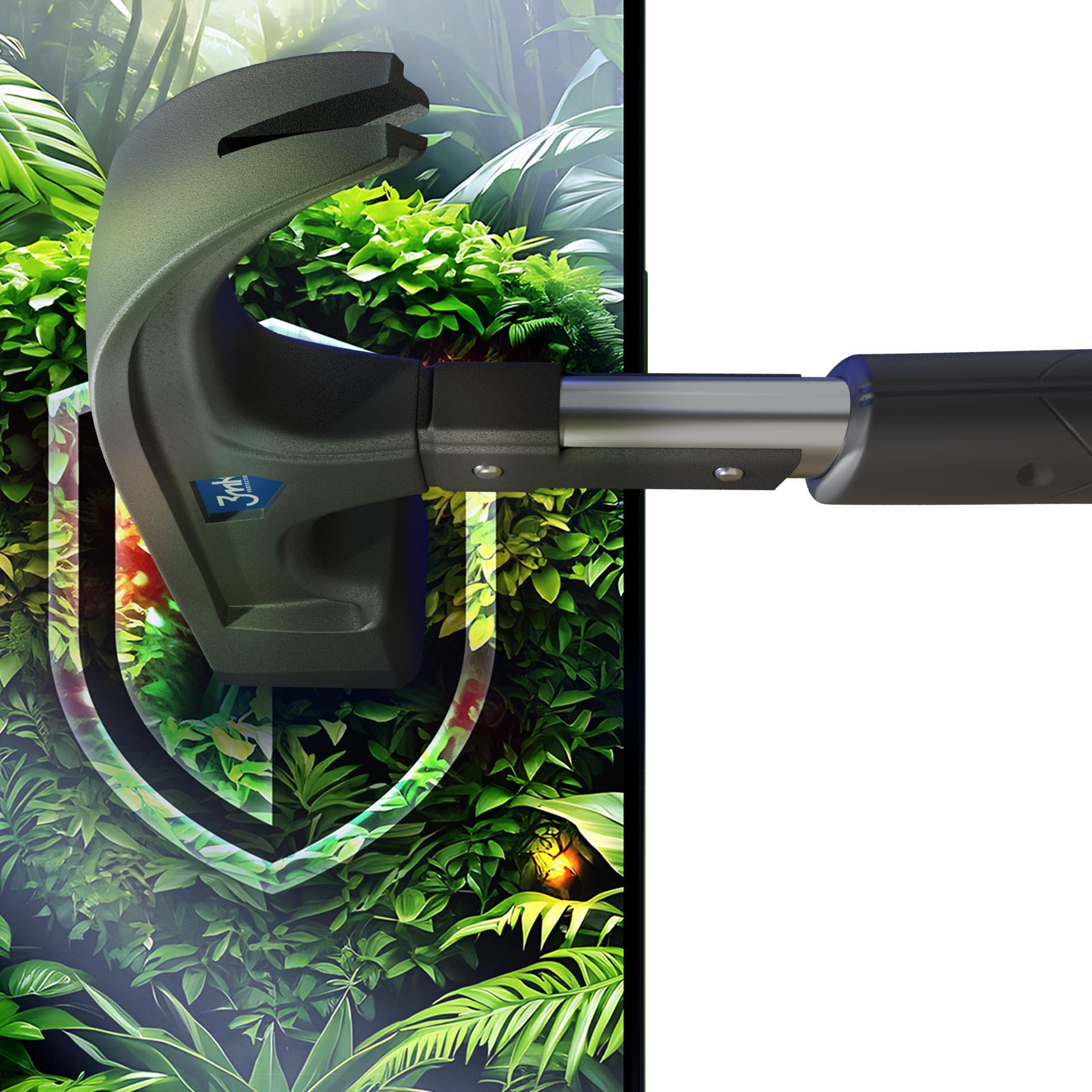 Czarne łom jest częściowo widoczne na tle dżungli. Łom znajduje się po lewej stronie białego tła.