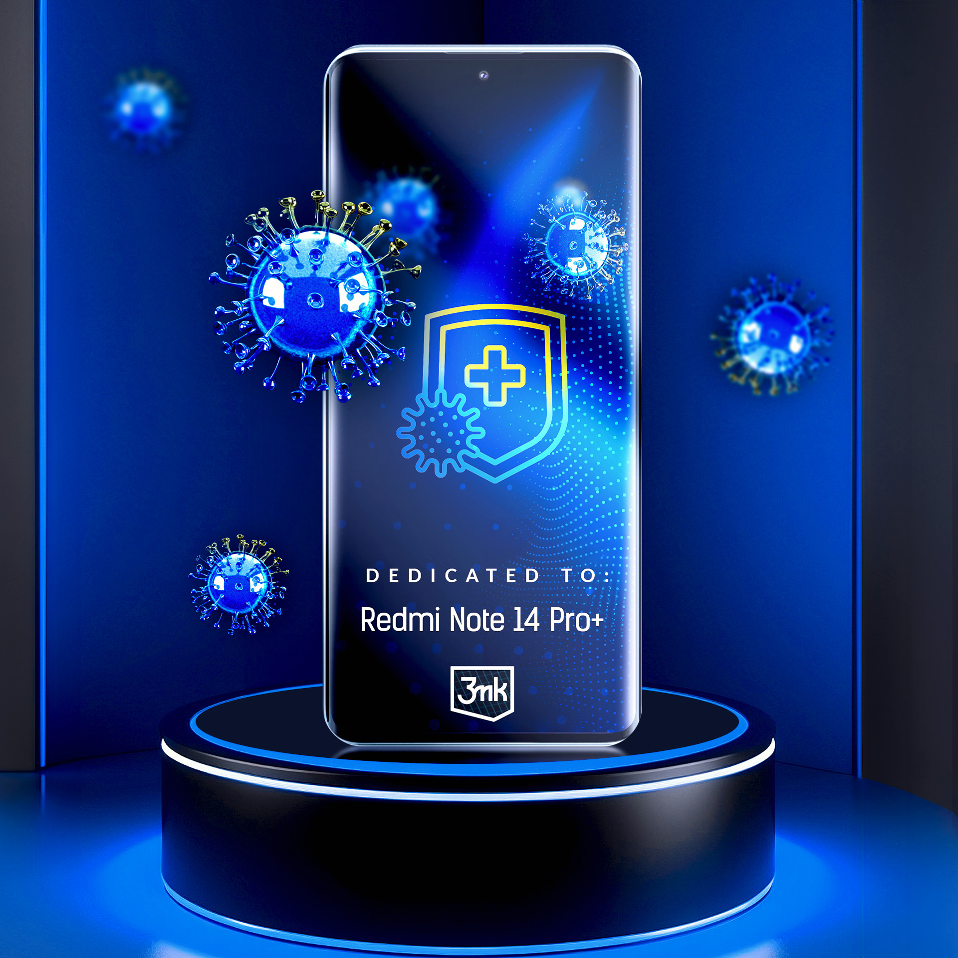 Un telefono su un supporto con un'icona a scudo. I virus fluttuano. Dedicato al Redmi Note 14 Pro+.