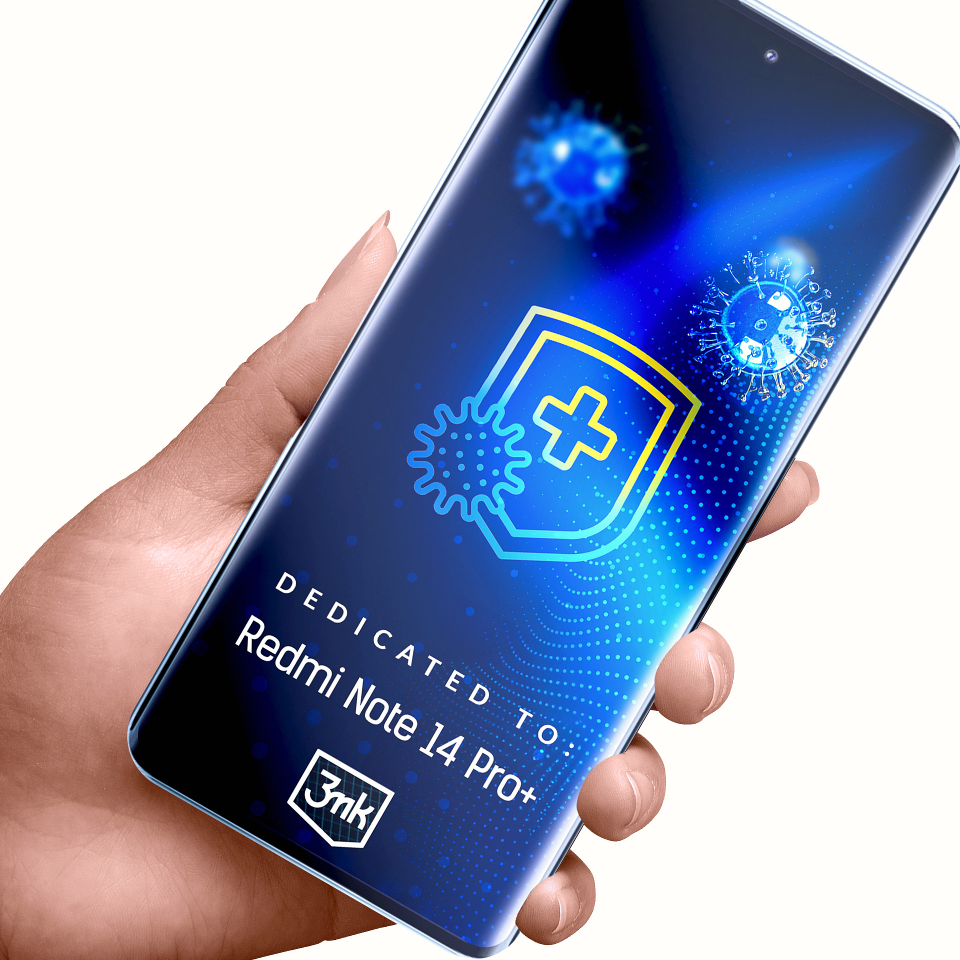 Mano che tiene uno smartphone con uno scudo con una croce, il testo dice 'Dedicated to Redmi Note 14 Pro+'.