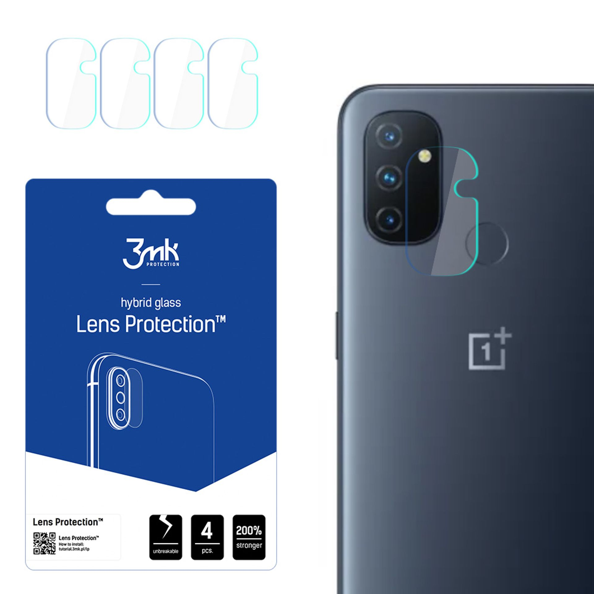Un telefono con protezione lente, una confezione blu con dettagli del prodotto e tre protezioni lente trasparenti.