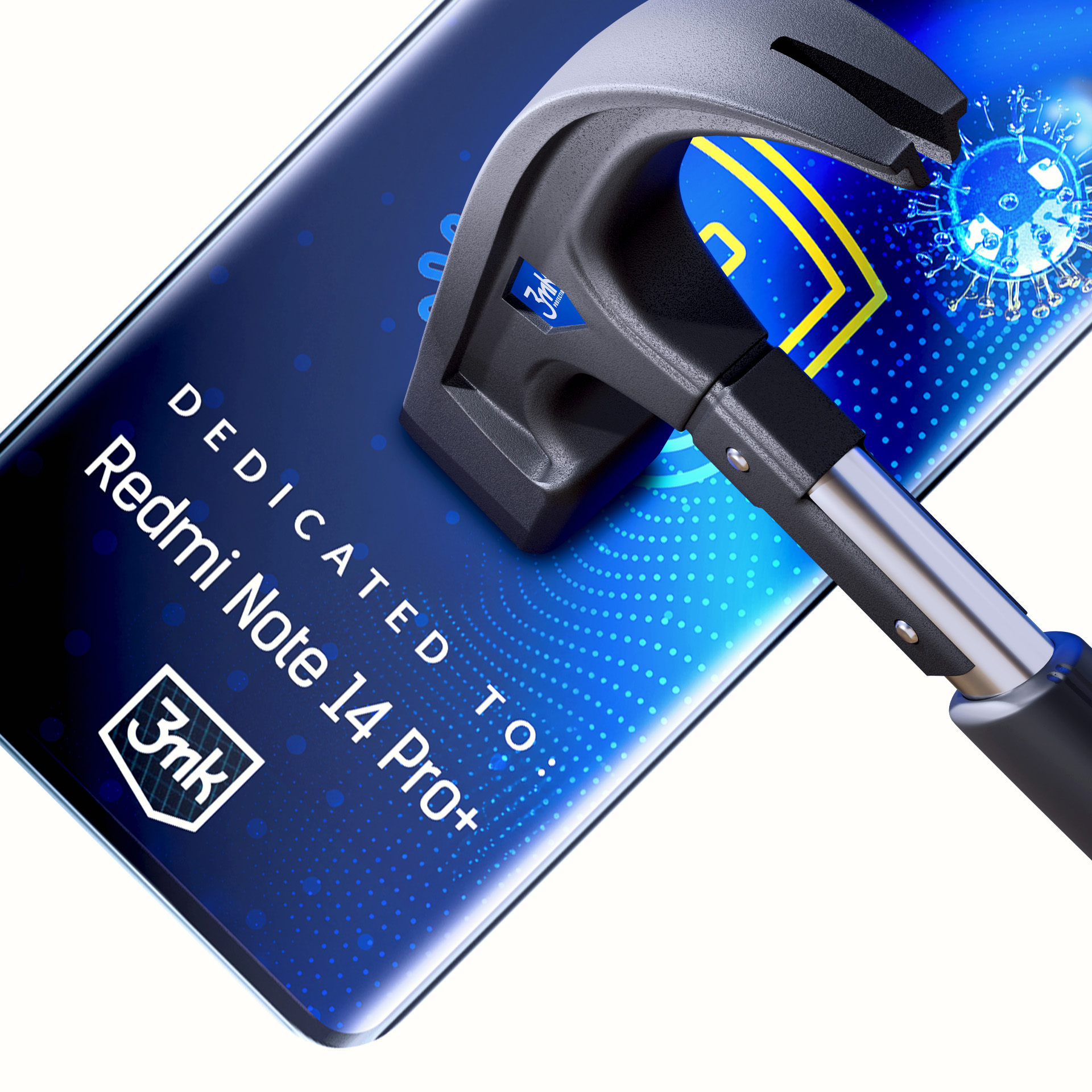 Martello che colpisce lo schermo di uno smartphone. Lo schermo mostra un'icona virus, testo di dedica e modello: Redmi Note 14 Pro+.