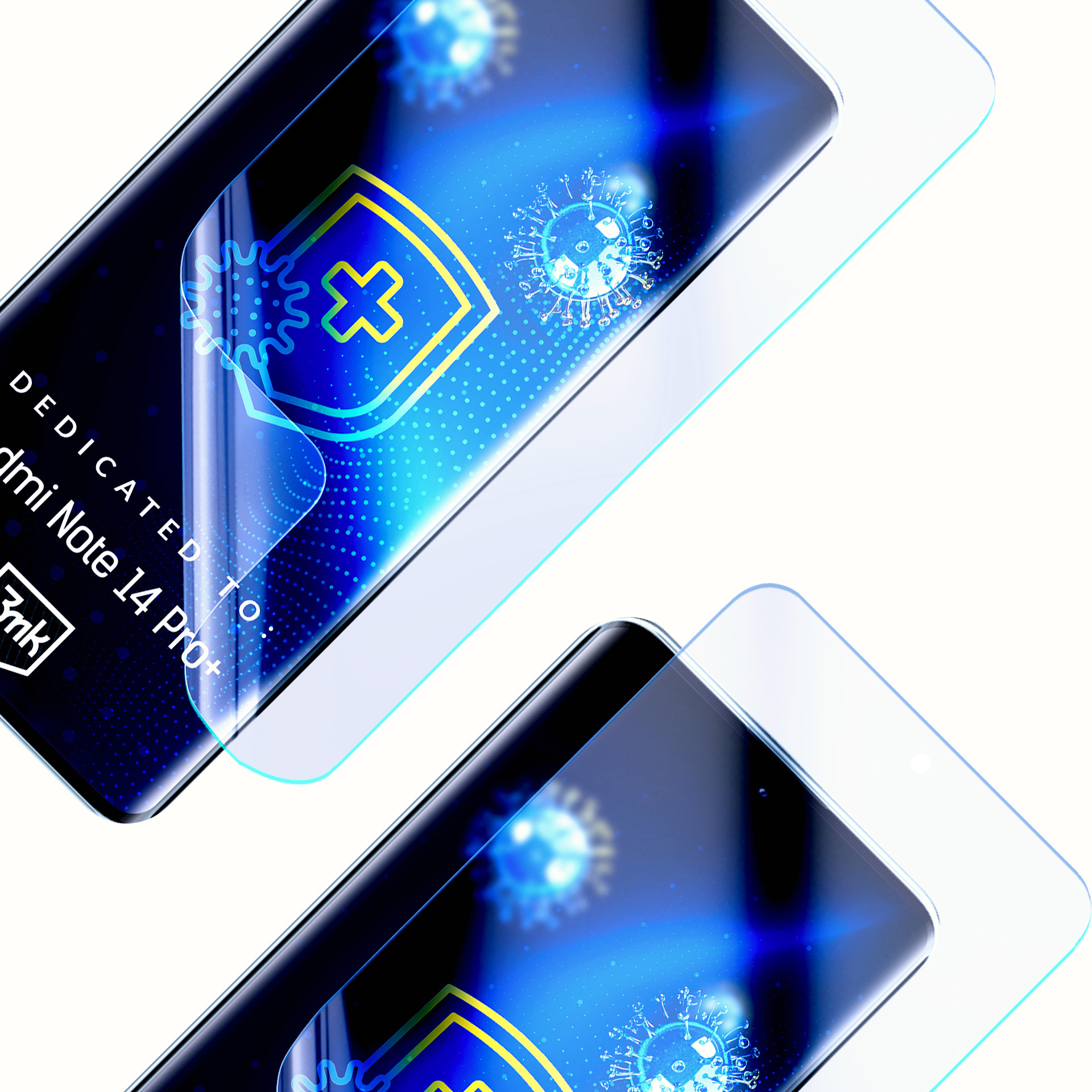 Due schermi di smartphone con protezioni schermo, uno con uno scudo e grafica di virus.