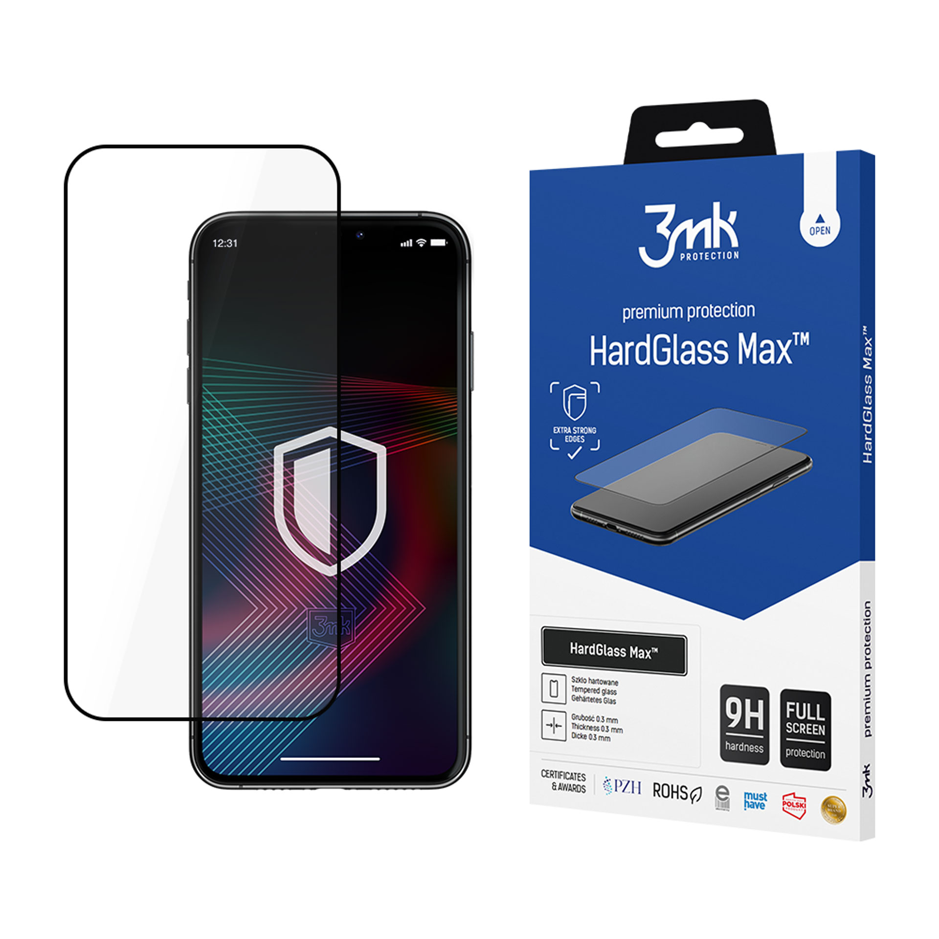Smartfon z ochraniaczem ekranu i niebieskie pudełko z marką 3mk i nazwą produktu HardGlass Max.