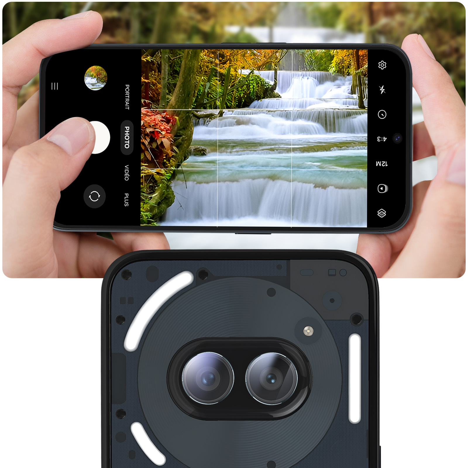 Un telefono mostra una scena di cascata. Una mano tiene il telefono. Il retro di un altro telefono mostra la fotocamera.