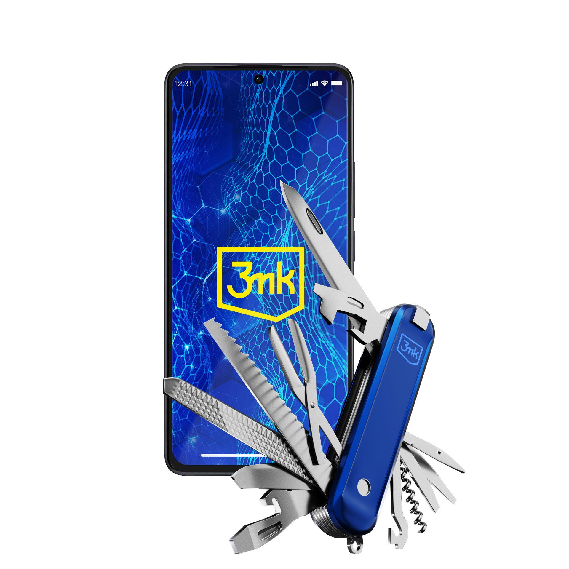 Un multiutensile blu con diverse lame è posto di fronte a un telefono che mostra il logo 3mk su uno sfondo tecnologico blu.