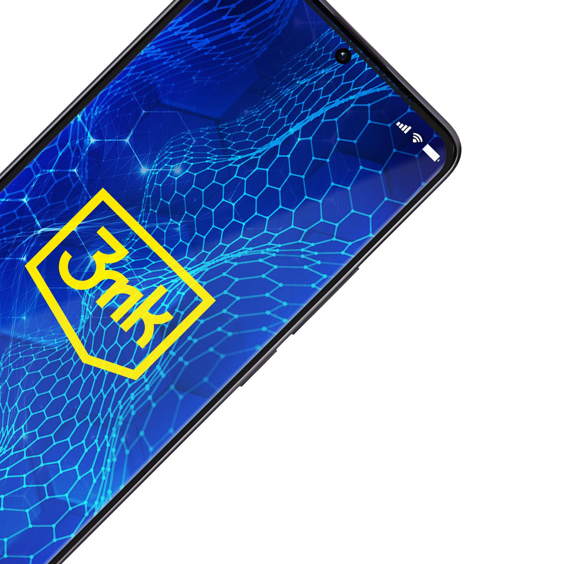 Lo schermo dello smartphone mostra un grafico di rete blu con il logo '3mk' giallo.