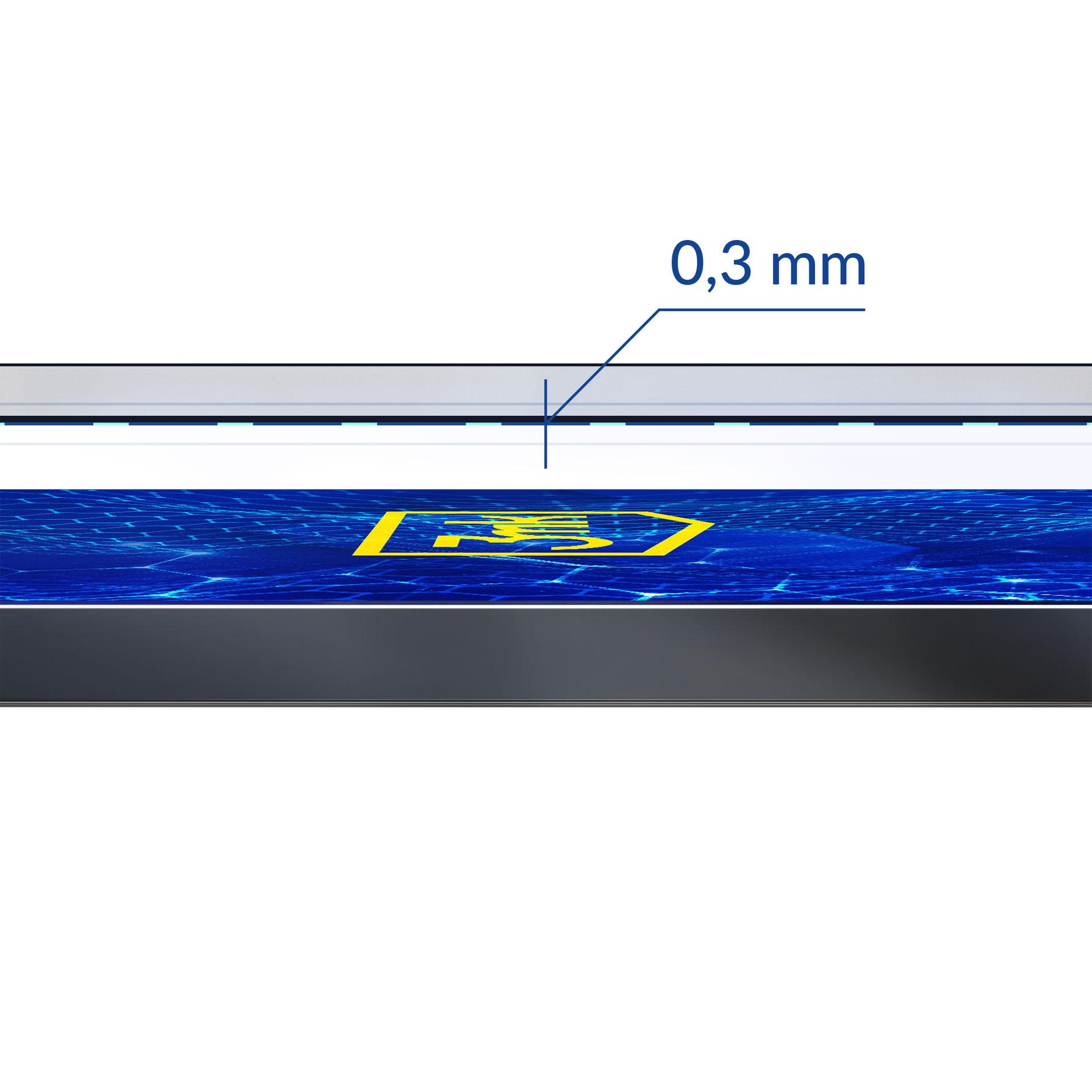 L'immagine mostra uno sfondo blu con un logo giallo e una misura di 0,3 mm. Una barra nera in basso.