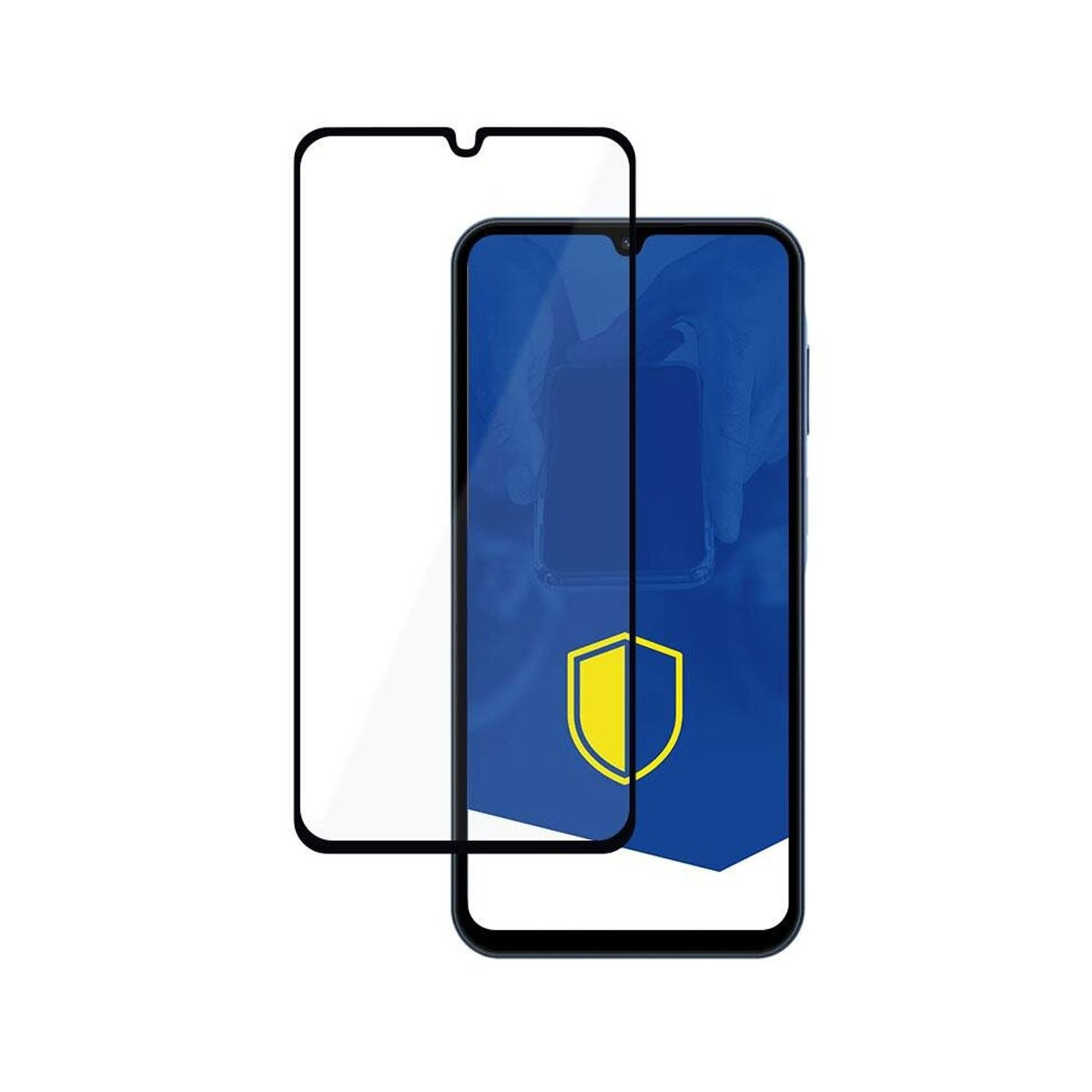 Uno smartphone con una protezione schermo accanto. Lo schermo mostra uno sfondo blu con uno scudo giallo.