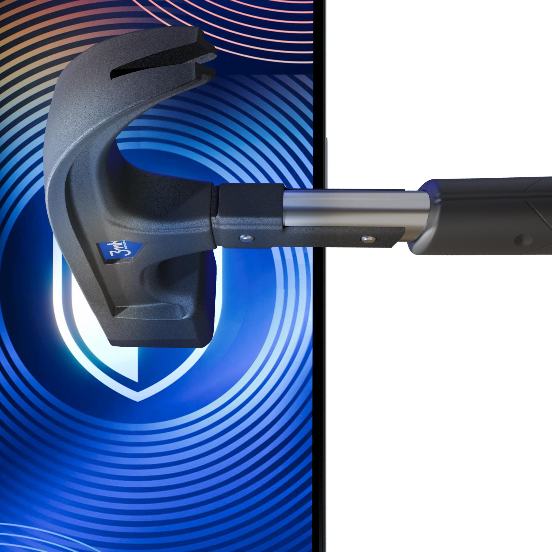 Czarne narzędzie z zakrzywioną głowicą umieszczone jest nad tarczowym wzorem na niebieskim tle.