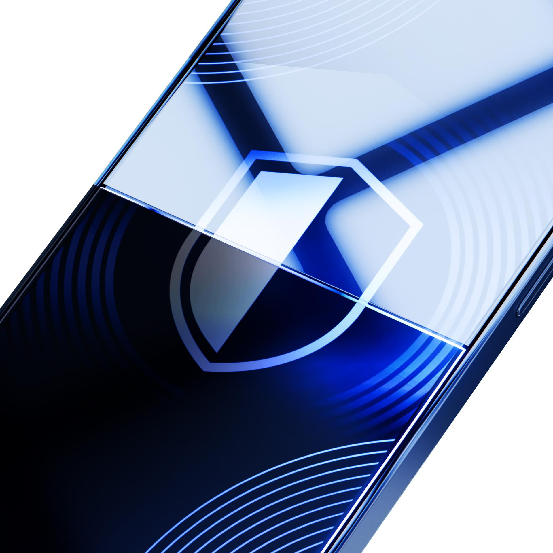 Smartfon wyświetla niebieską ikonę tarczy. Telefon ma ciemnoniebieski gradient i białe tło.