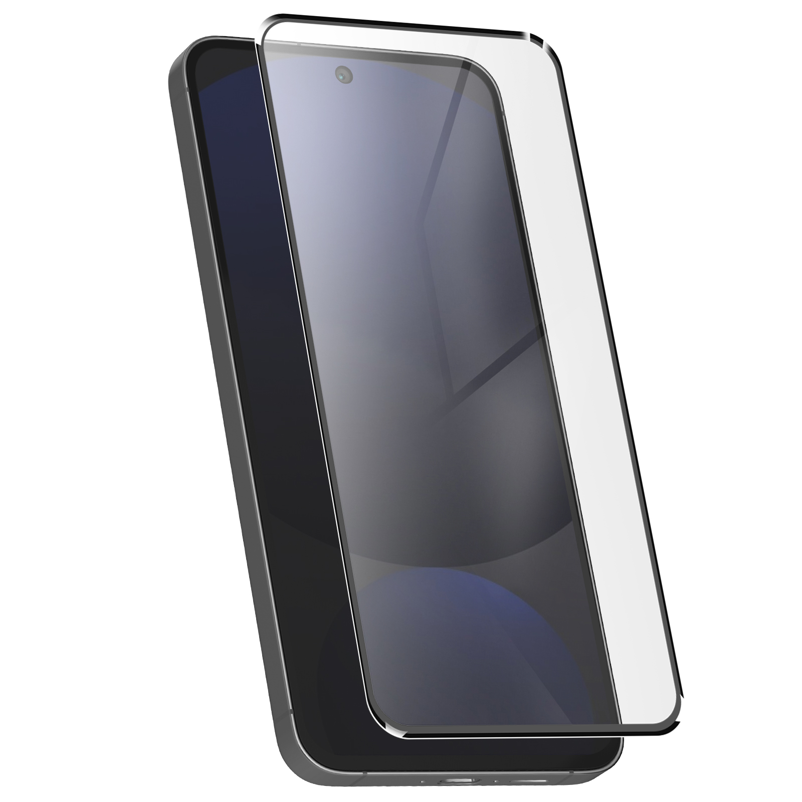 Smartfon z nałożonym ochraniaczem ekranu. Telefon jest czarny z szklanym ochraniaczem ekranu. Widoczny jest aparat.