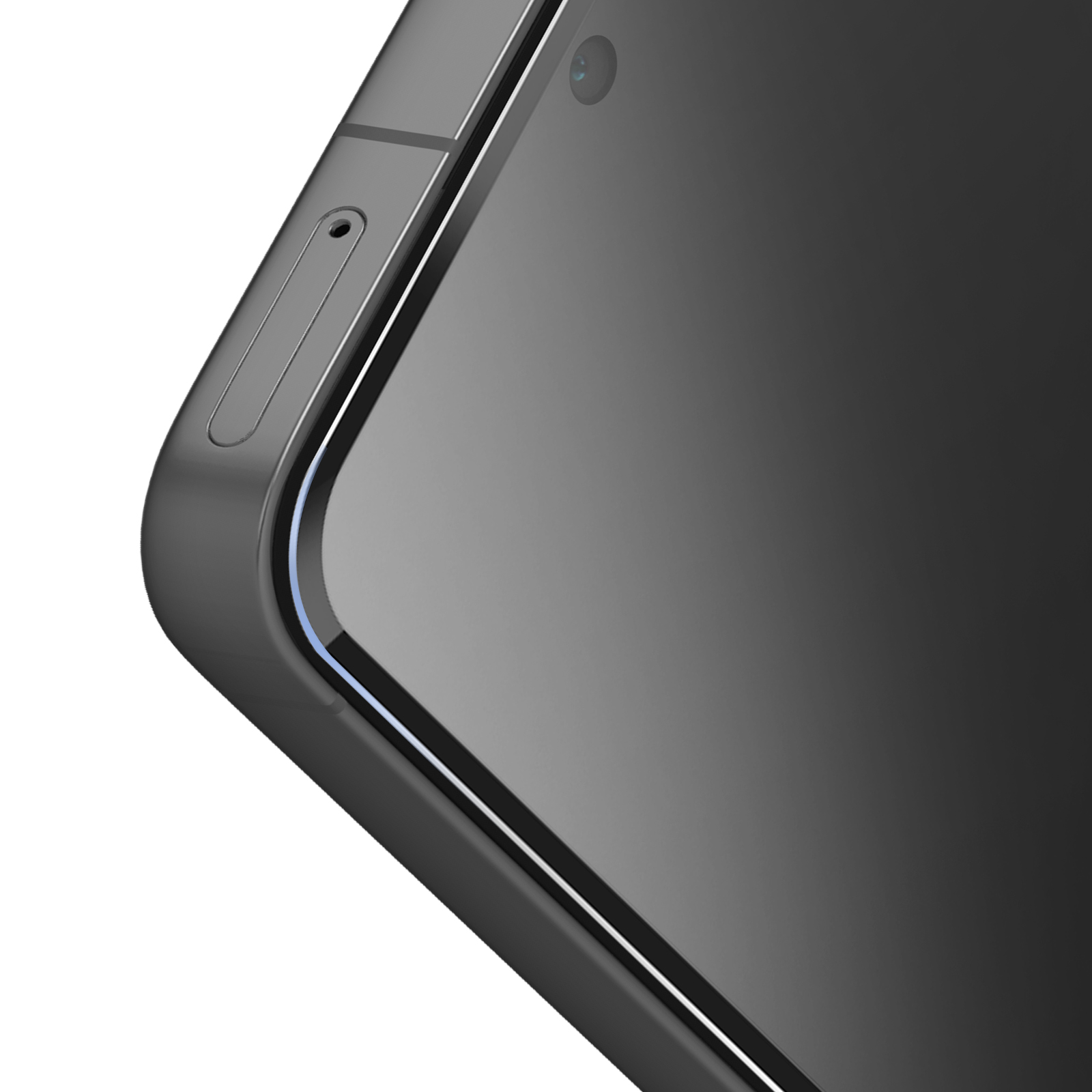 Zbliżenie ciemnoszarego smartfona. Ekran jest czarny i odbijający światło. Krawędź ma gniazdo na kartę SIM.