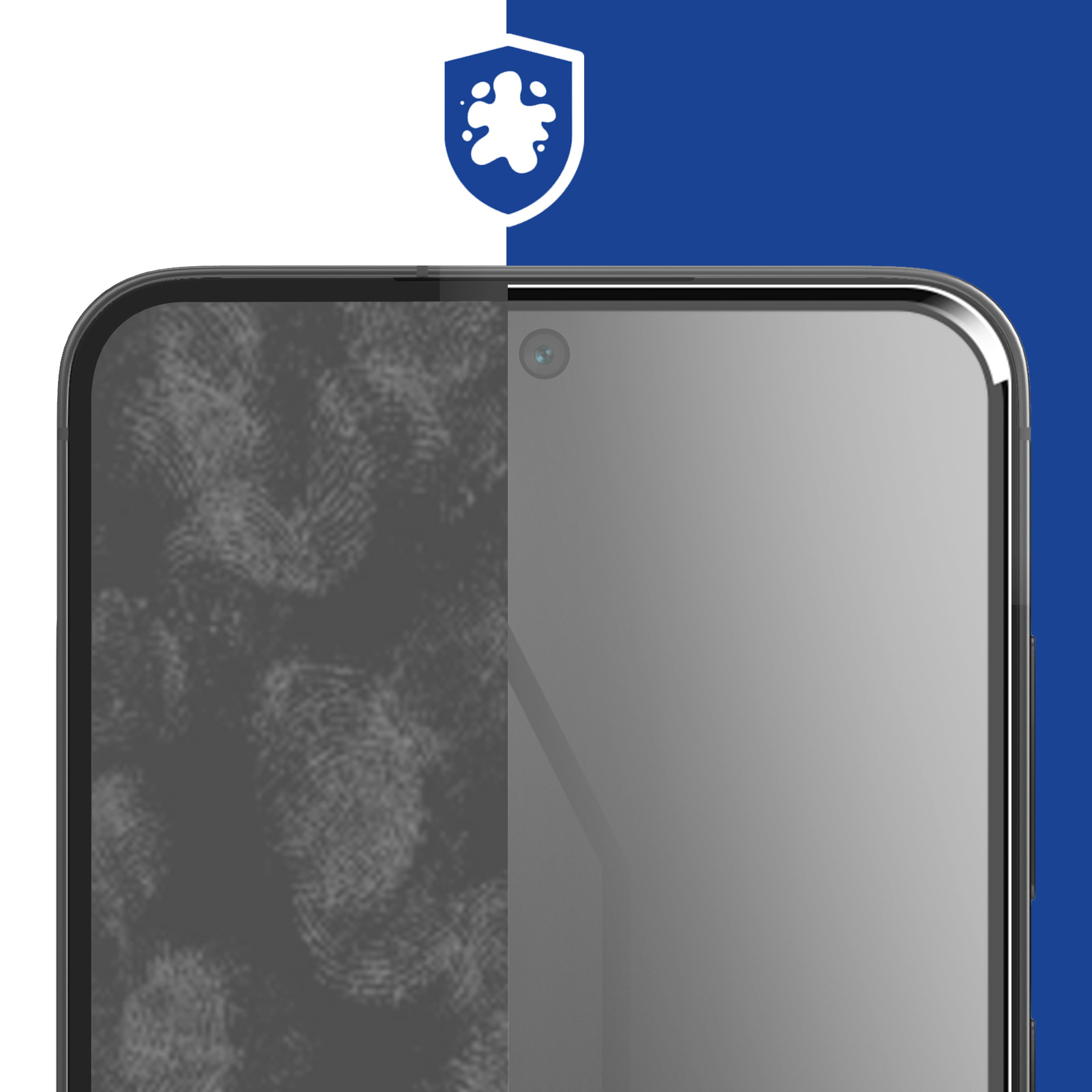 Ekran smartfona, w połowie pokryty odciskami palców, druga połowa czysta. Ikona tarczy u góry.