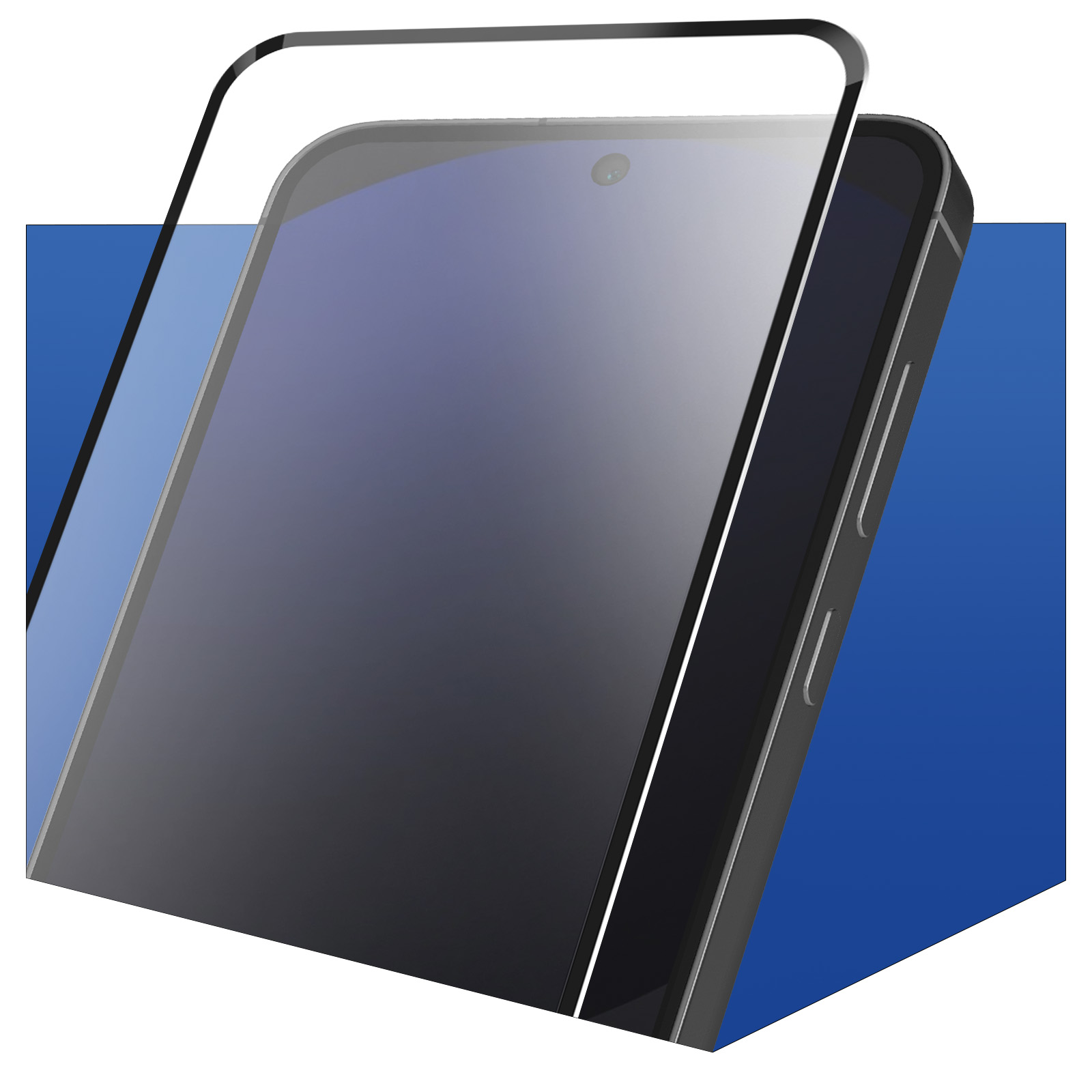 Smartfon z ochraniaczem ekranu. Telefon jest czarny, z niebieskim tłem. Ochraniacz jest przezroczysty.