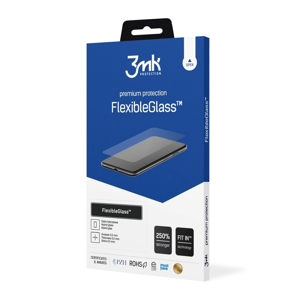 Una scatola blu e bianca di FlexibleGlass. Un telefono è visualizzato sulla parte anteriore. Il testo include FlexibleGlass, 3mk e protezione premium.