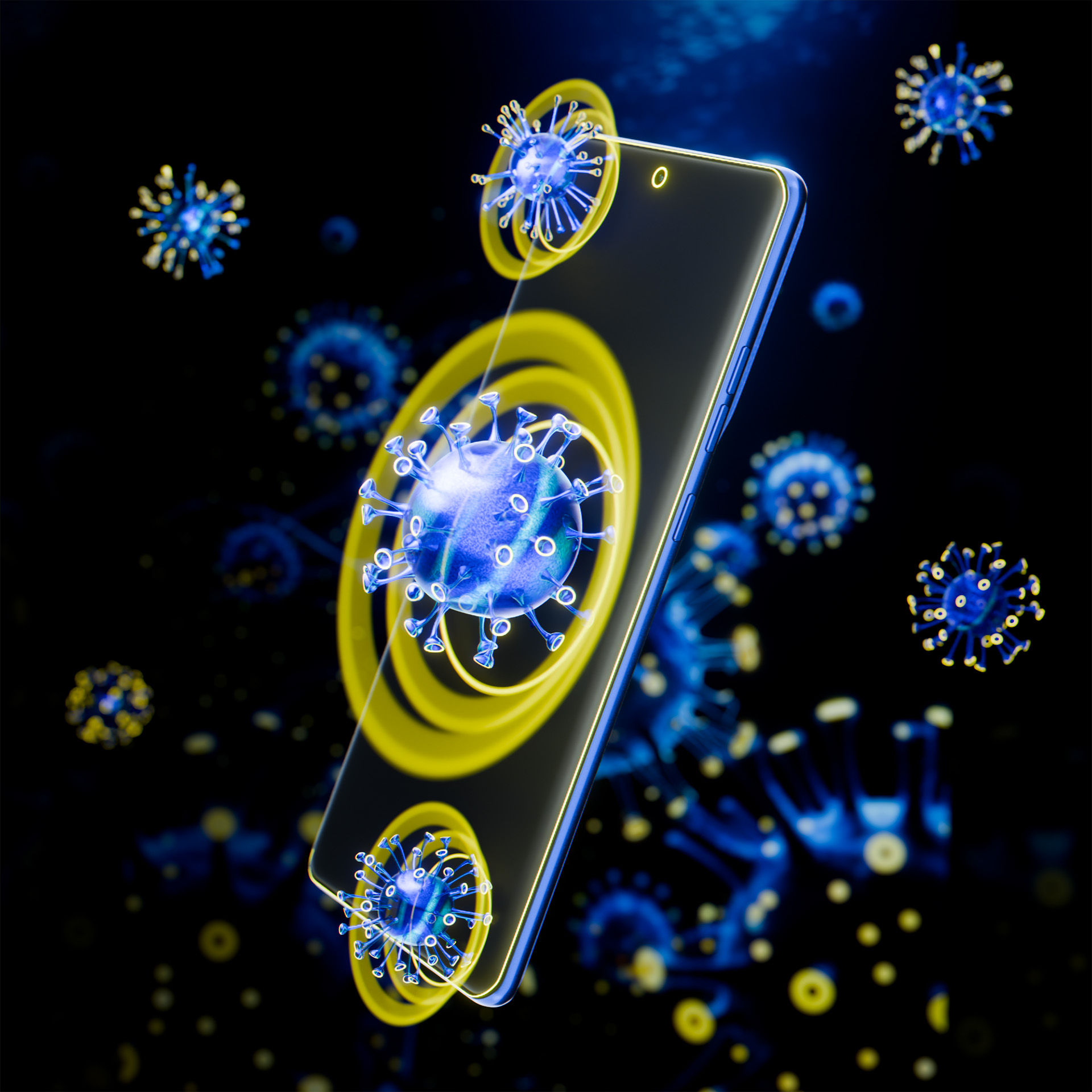 Smartfon z niebieską ramką, otoczony żółtymi pierścieniami i niebieskimi wirusami na czarnym tle.