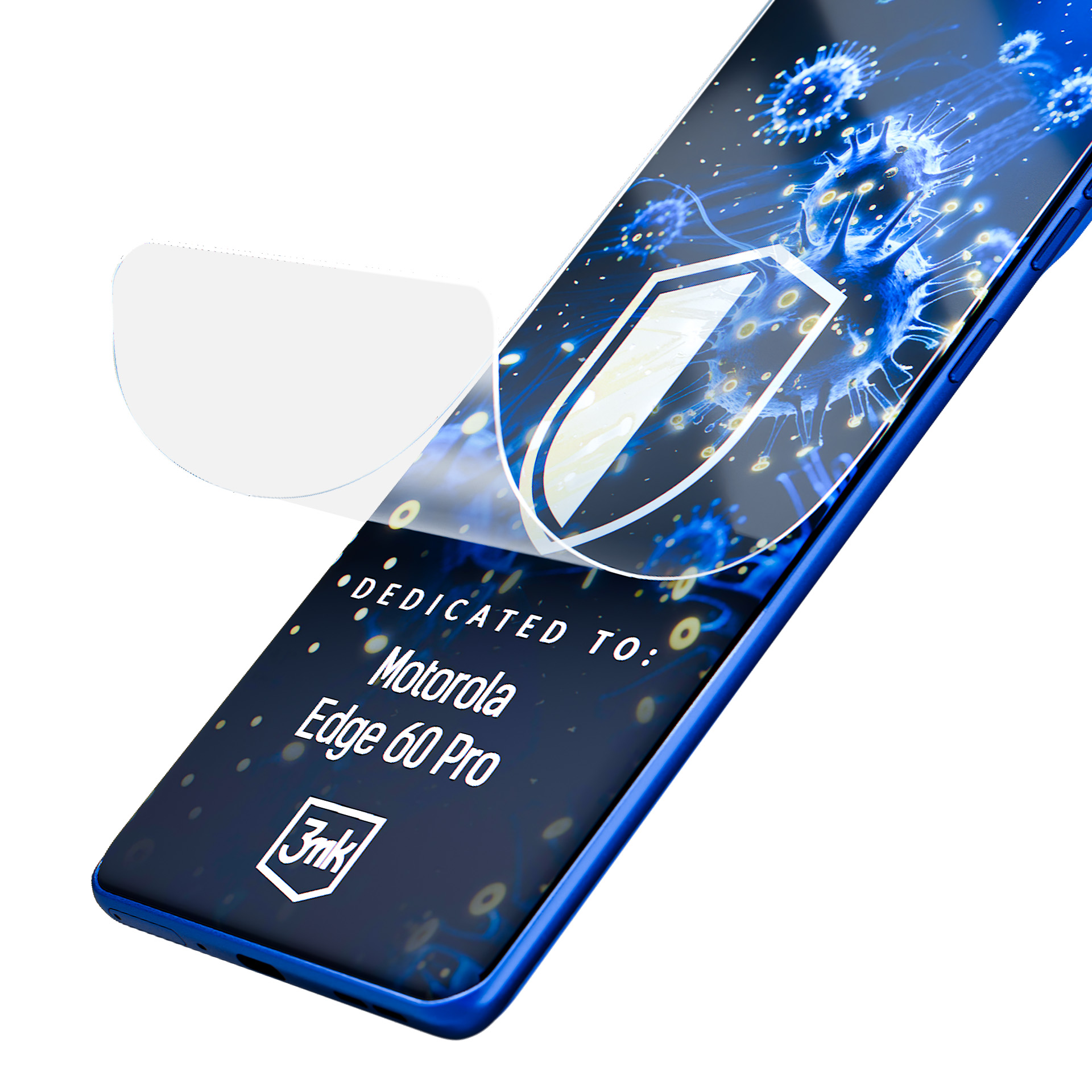 Niebieski telefon z ochraniaczem ekranu. Na ekranie napis: 'Dedicated to Motorola Edge 60 Pro'. Tarcza jest na ekranie.