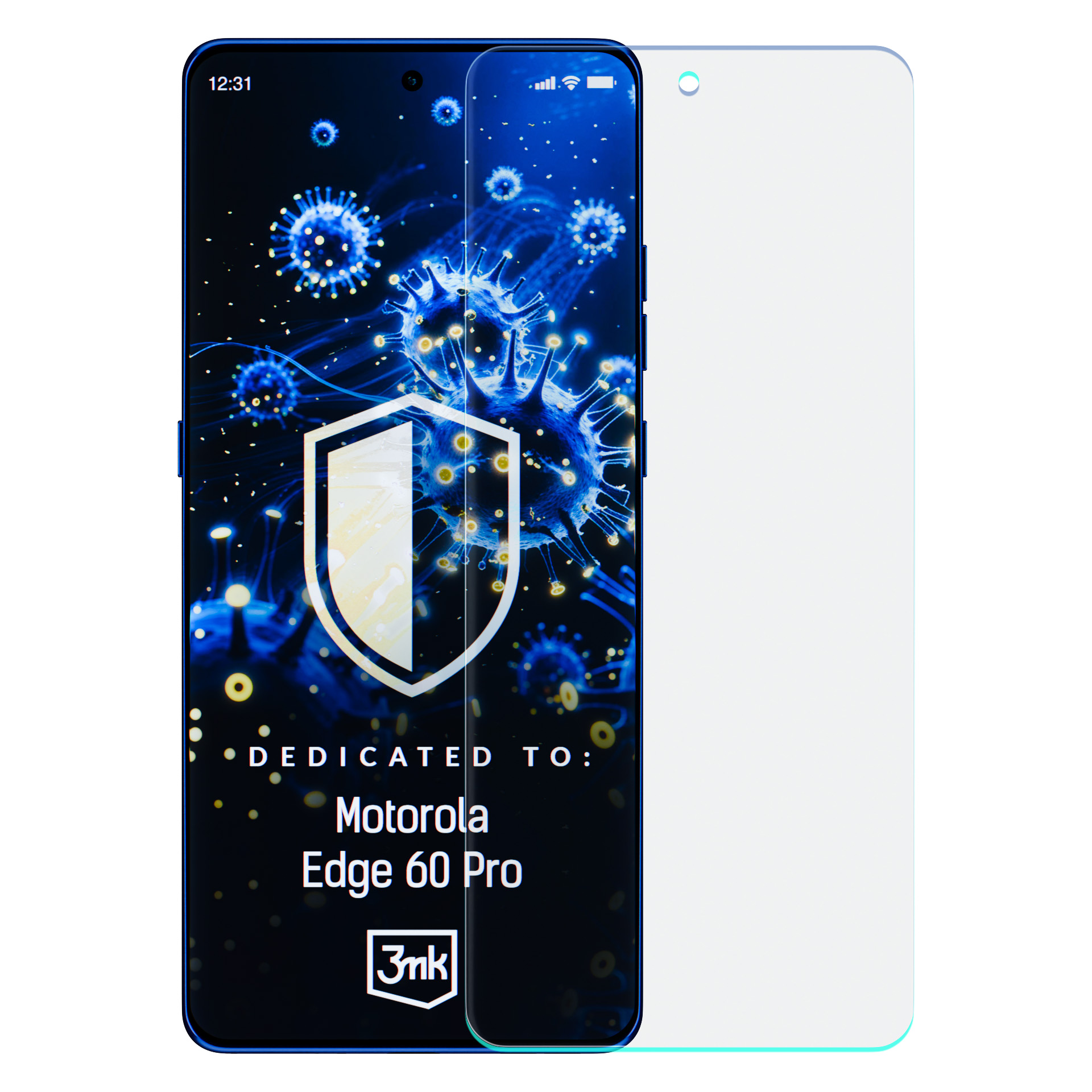 Ochraniacz ekranu telefonu. Ekran telefonu z grafiką przypominającą wirusy. Tekst brzmi: 'Dedicated to: Motorola Edge 60 Pro'.
