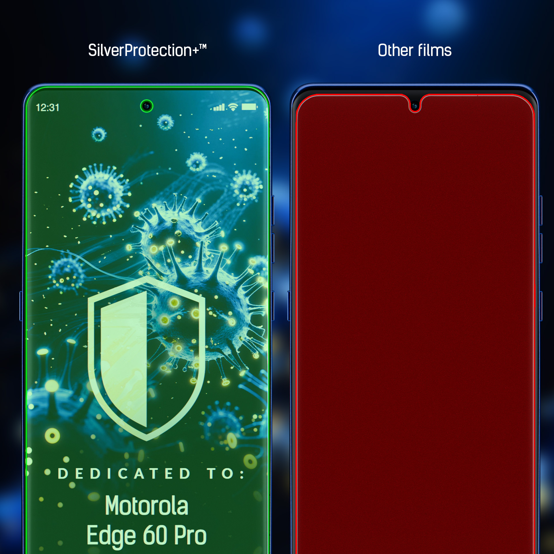 Obraz przedstawia dwa ekrany telefonów. Lewy ekran jest zielony z grafiką tarczy i wirusa. Prawy ekran jest czerwony. Tekst wskazuje na różne folie.