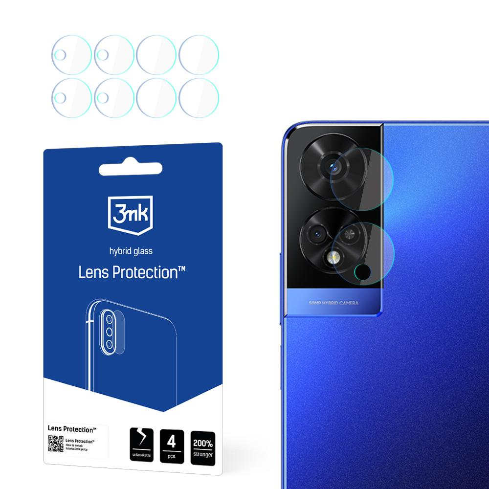 Un telefono con protezioni per lenti, confezione e un telefono blu. Sulla confezione c'è scritto 'Lens Protection', '3mk' e 'hybrid glass'.