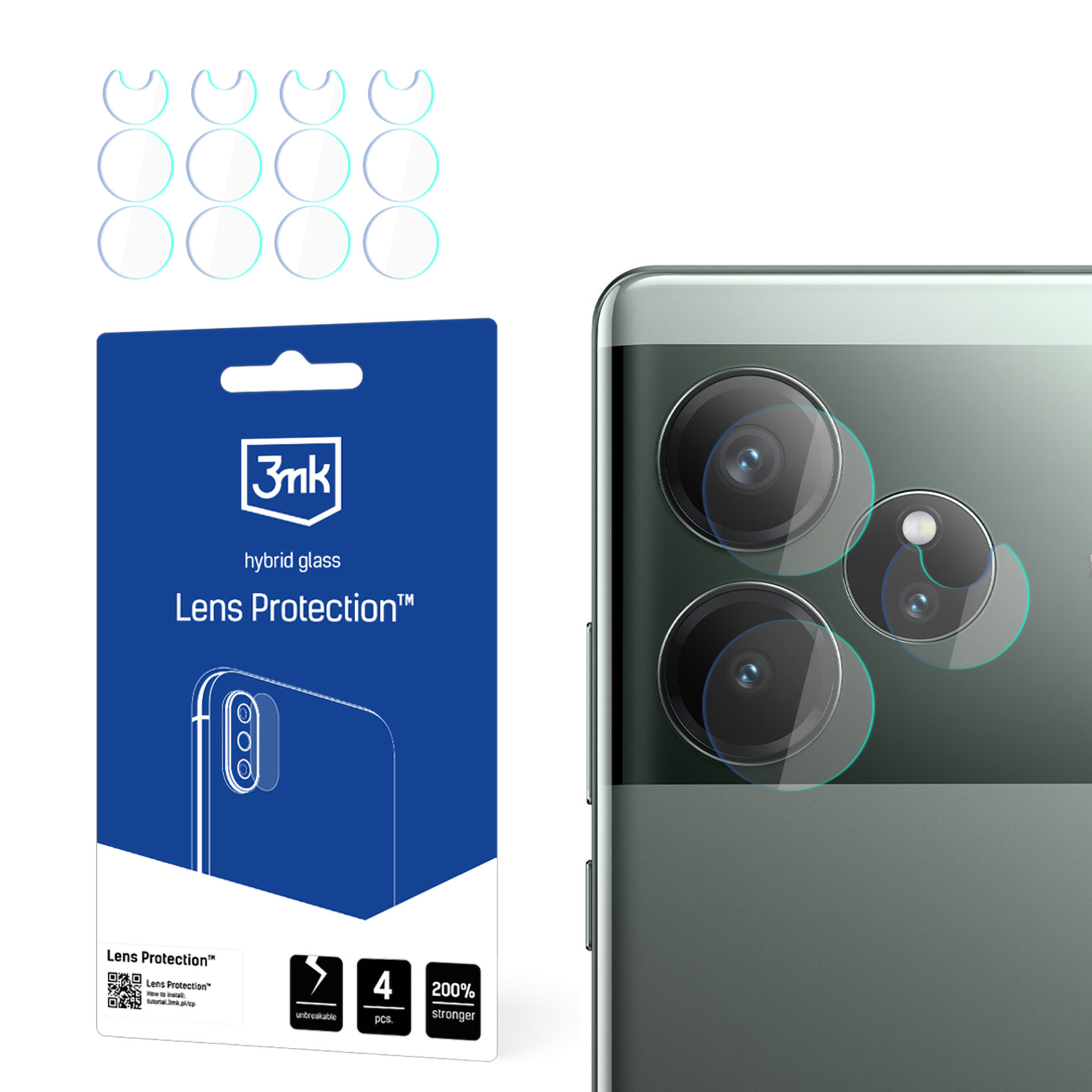 L'immagine mostra telefono e protezioni per lenti. Confezione blu con testo e lenti della fotocamera di un telefono. Protezioni sul telefono.