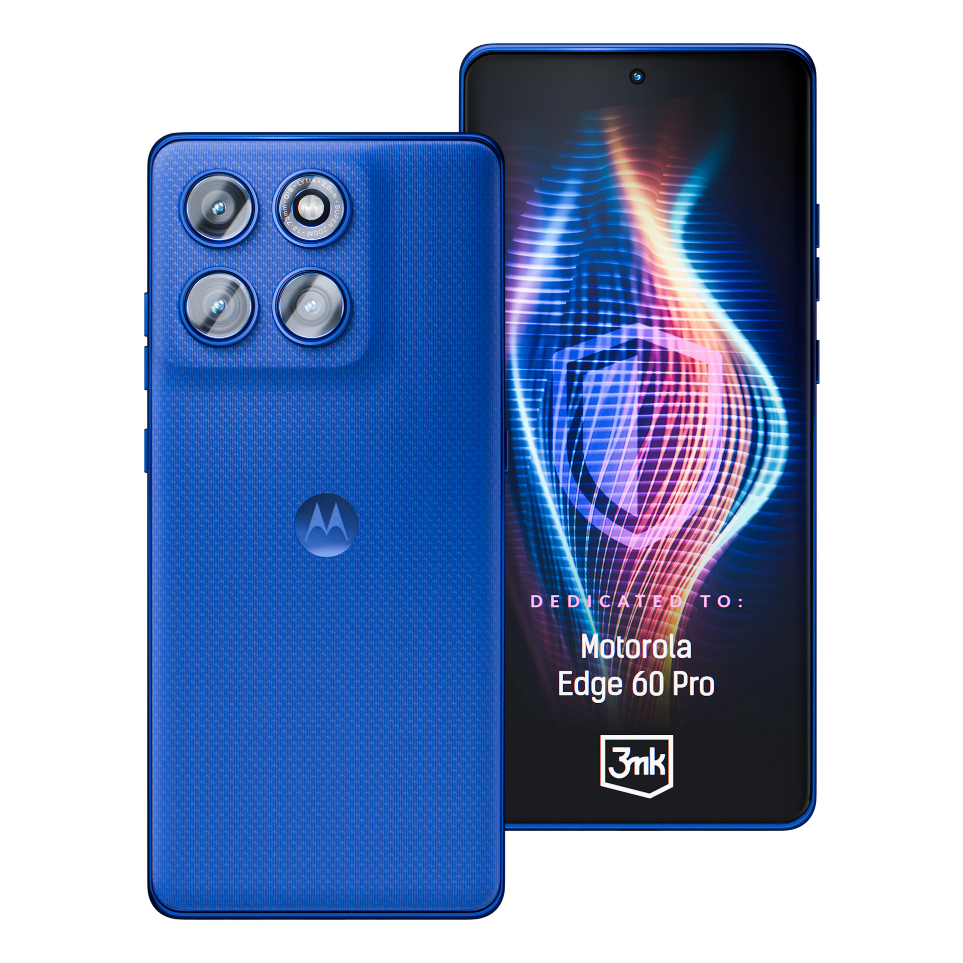Telefono blu Motorola Edge 60 Pro. Presenta più fotocamere posteriori e uno schermo con nome e logo.