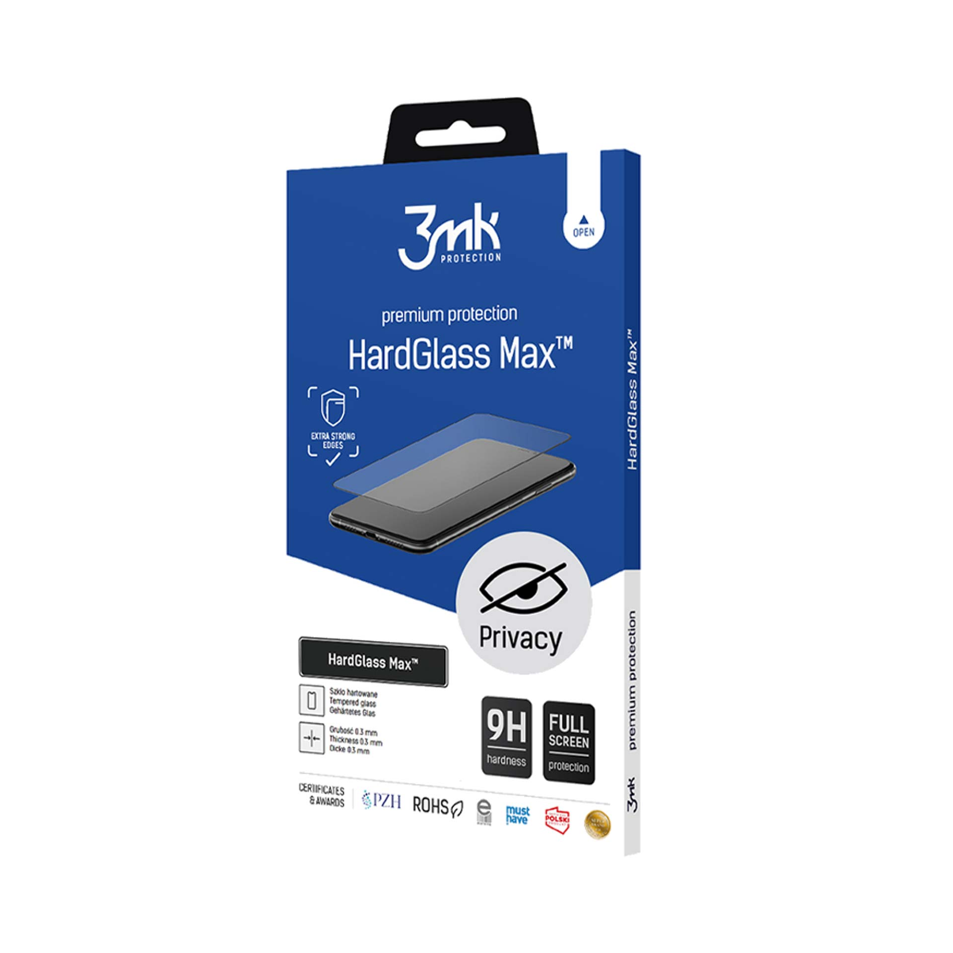 Niebiesko-białe pudełko na ochraniacz ekranu. Zawiera nazwę produktu, obraz telefonu i funkcje ochronne.