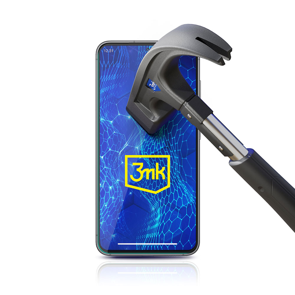 Smartfon z niebieskim tłem i młotkiem rozbijającym ekran. Na ekranie logo '3mk'.