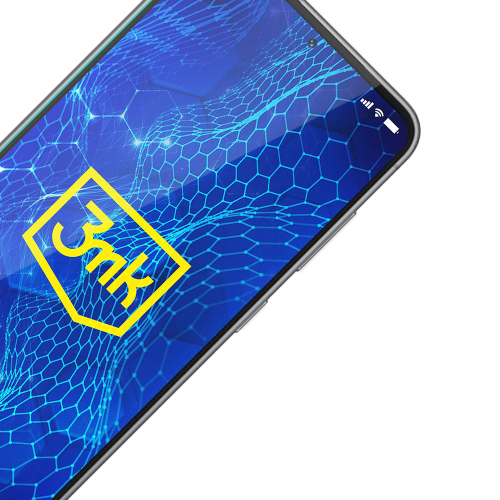 Smartfon wyświetla niebieski wykres sieci z żółtym logo 3mk. Telefon ma srebrną ramkę i białe tło.