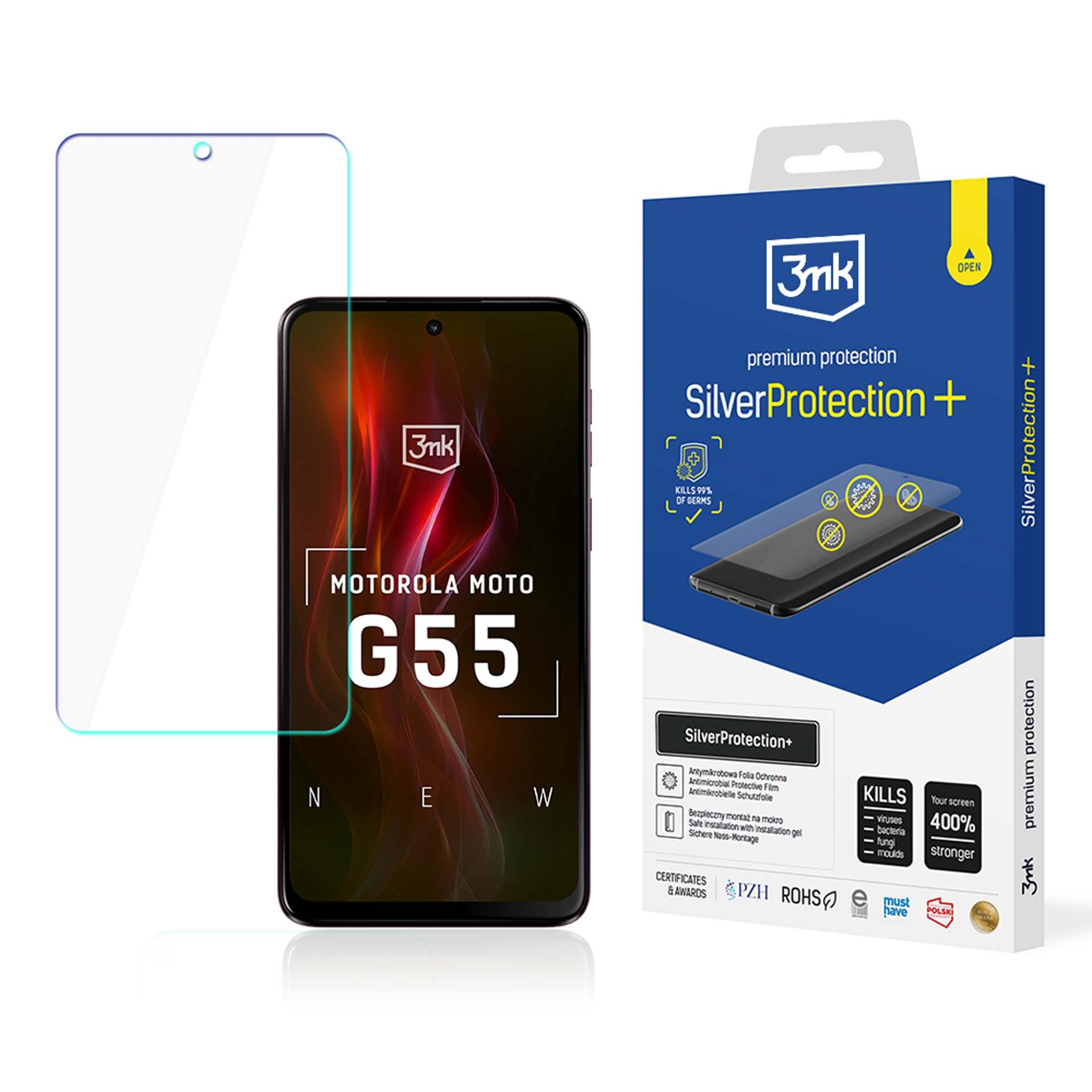 Una scatola di protezione dello schermo con telefono e protezione. I testi dicono 'SilverProtection+' e 'Motorola Moto G55'.