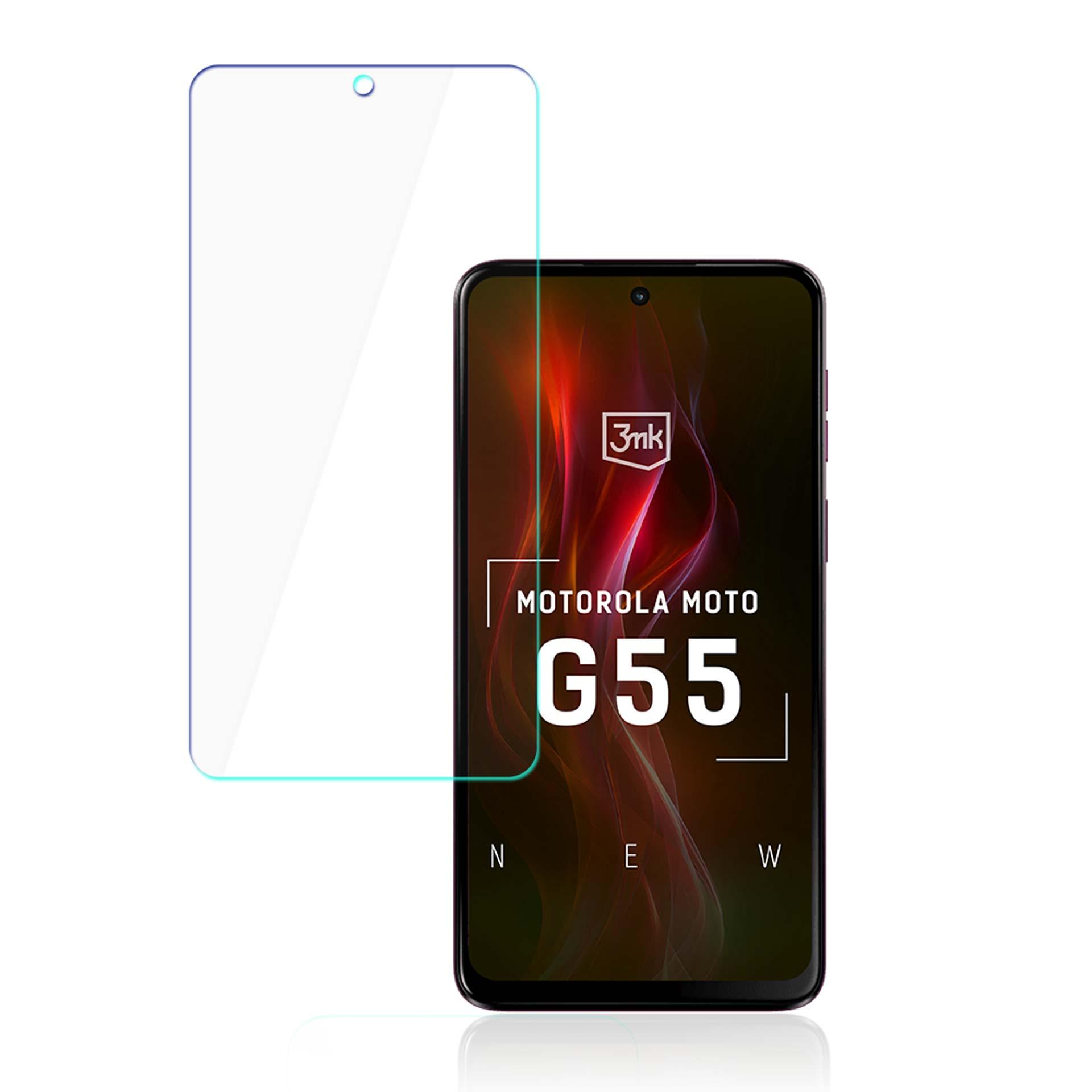 Un telefono con una protezione per lo schermo. Il telefono è nero con la scritta 'MOTOROLA MOTO G55'. La protezione è trasparente.