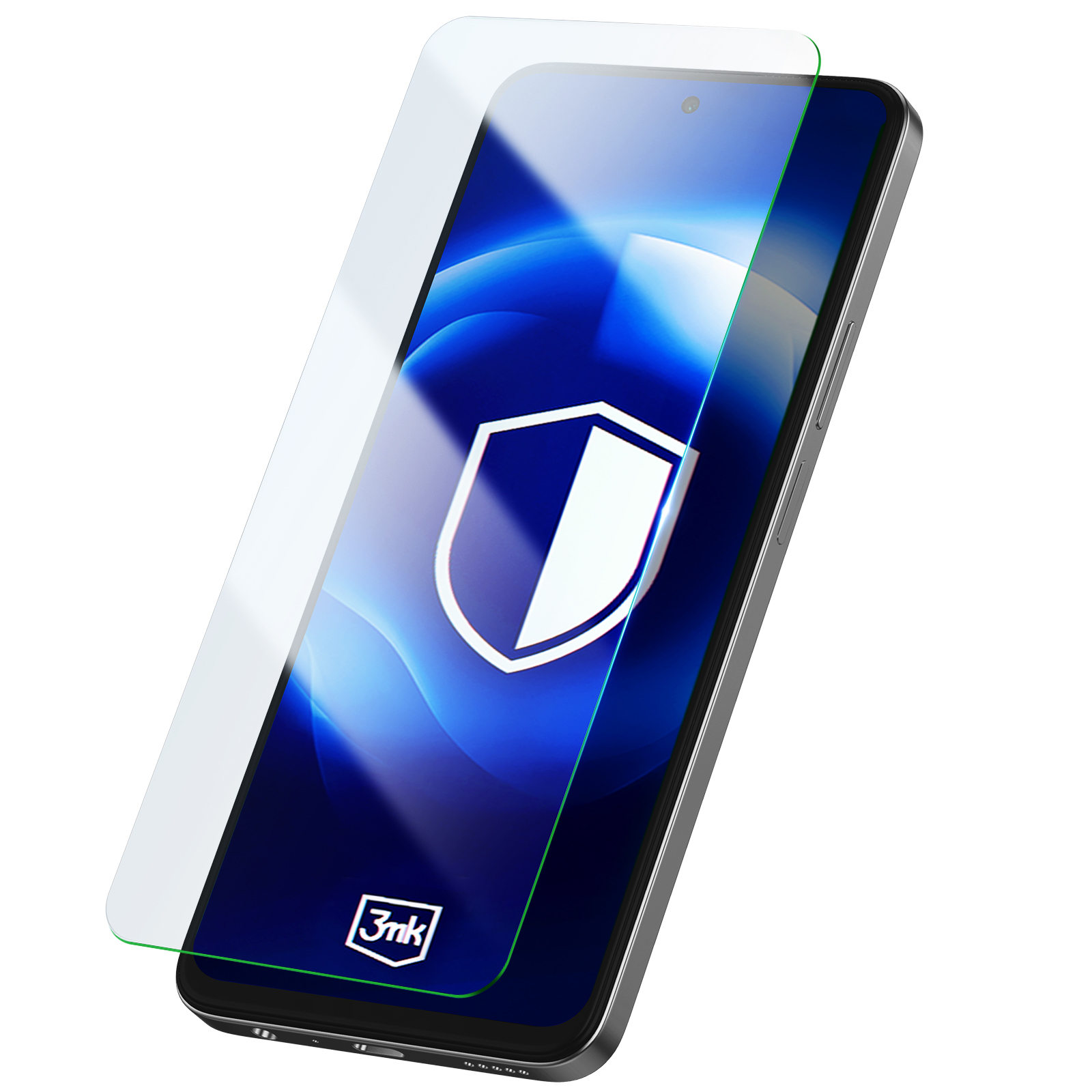 Uno smartphone con protezione schermo. Il telefono mostra un logo blu a scudo. Una protezione schermo trasparente è posizionata sullo schermo.