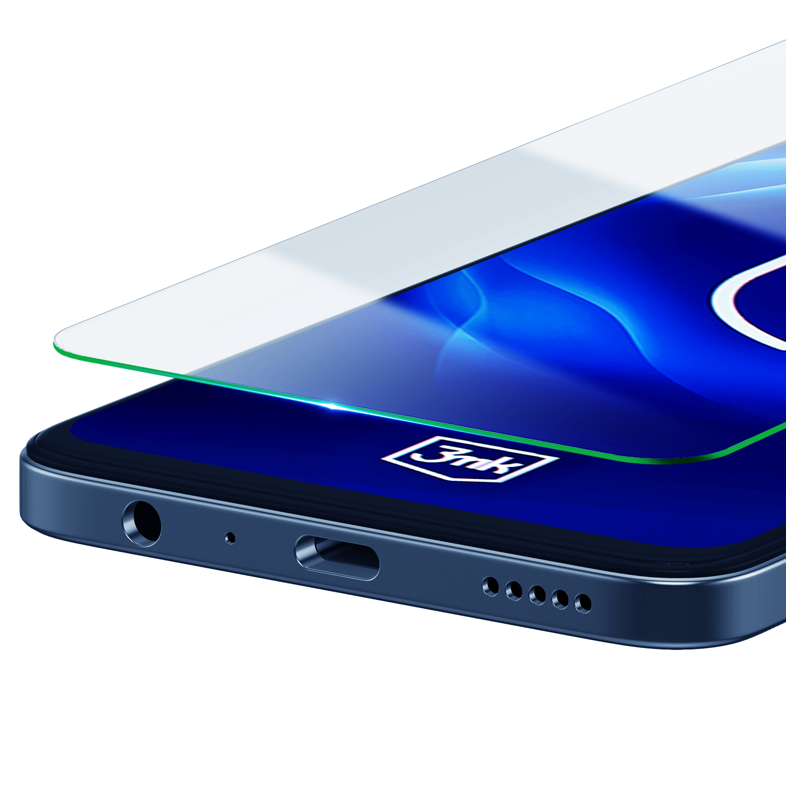 Uno smartphone con protezione schermo. Lo schermo mostra onde blu. Il telefono è blu con protezione bordi verde.